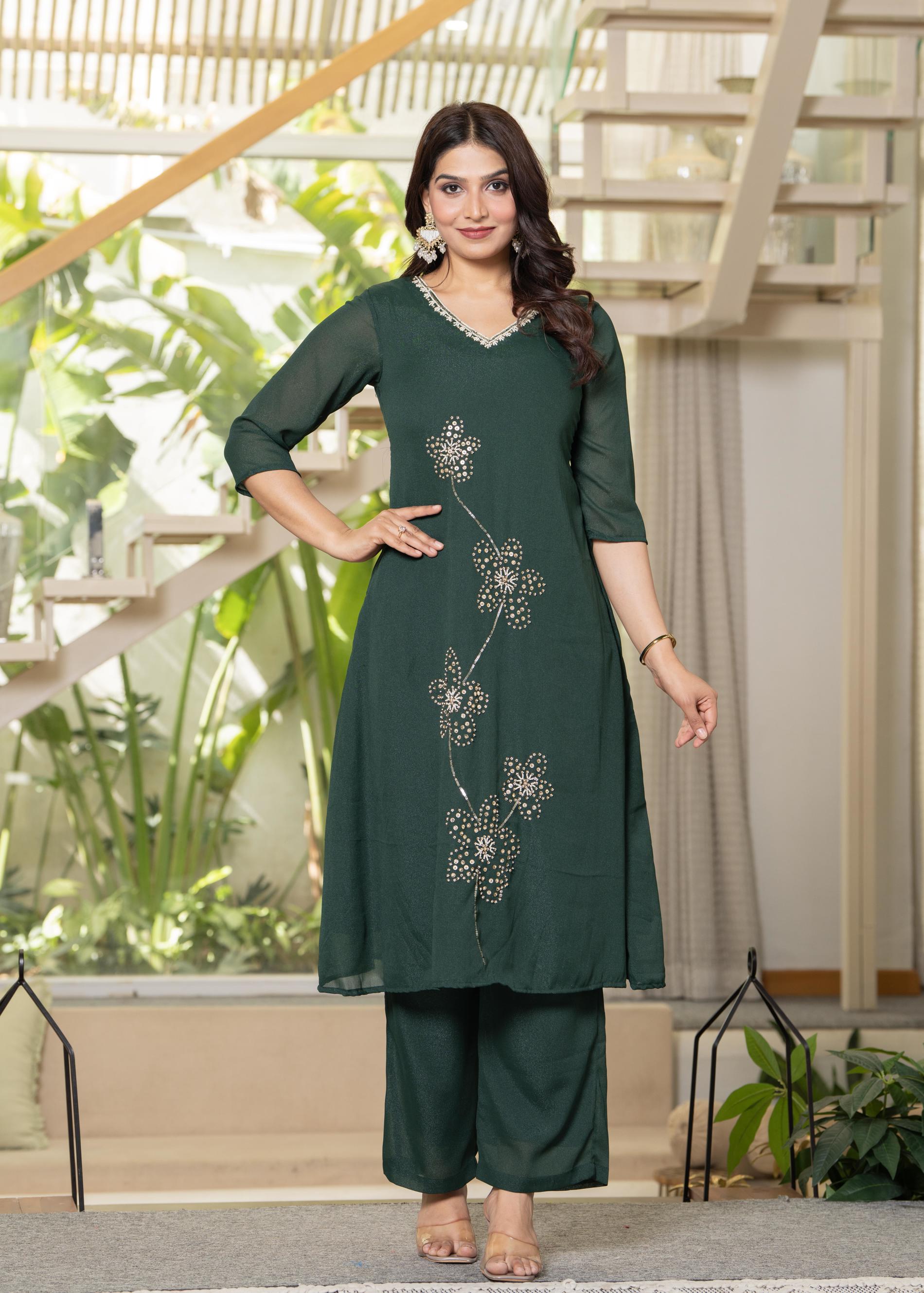 Jade Green Solid Man Made Fiber Kurta Pant Dupatta Set with Beads and Sequence Work