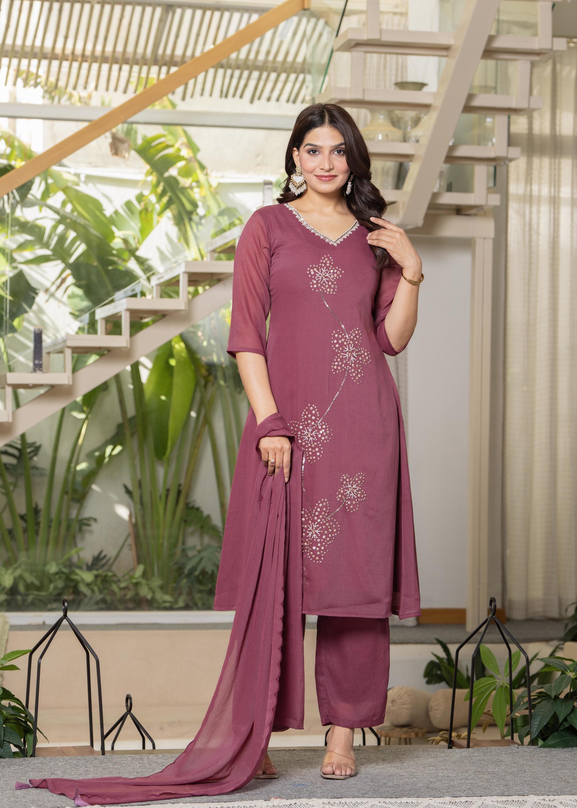 Mauve Solid Man Made Fiber Kurta Pant Dupatta Set with Beads and Sequence Work