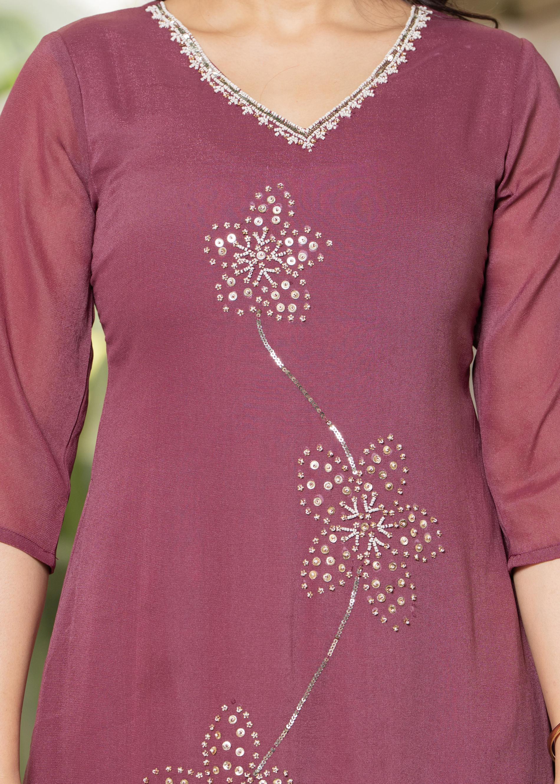 Mauve Solid Man Made Fiber Kurta Pant Dupatta Set with Beads and Sequence Work