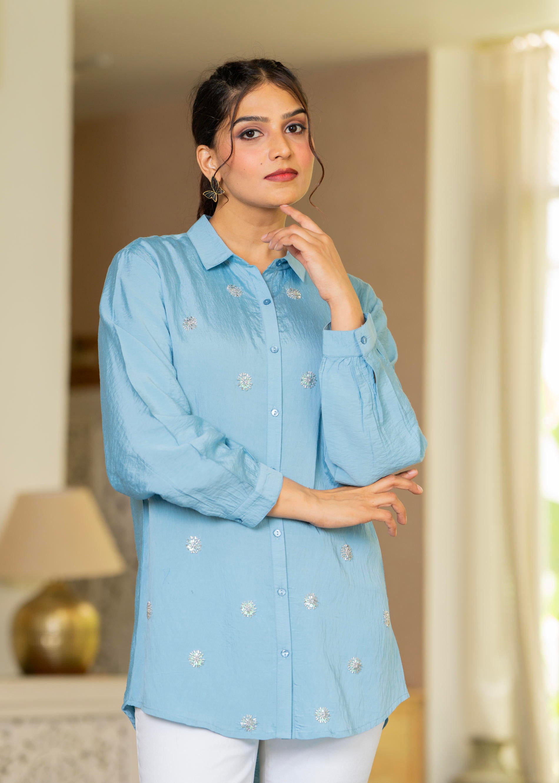 Steel Blue Solid Viscose Shirt with Beads and Sequence Work