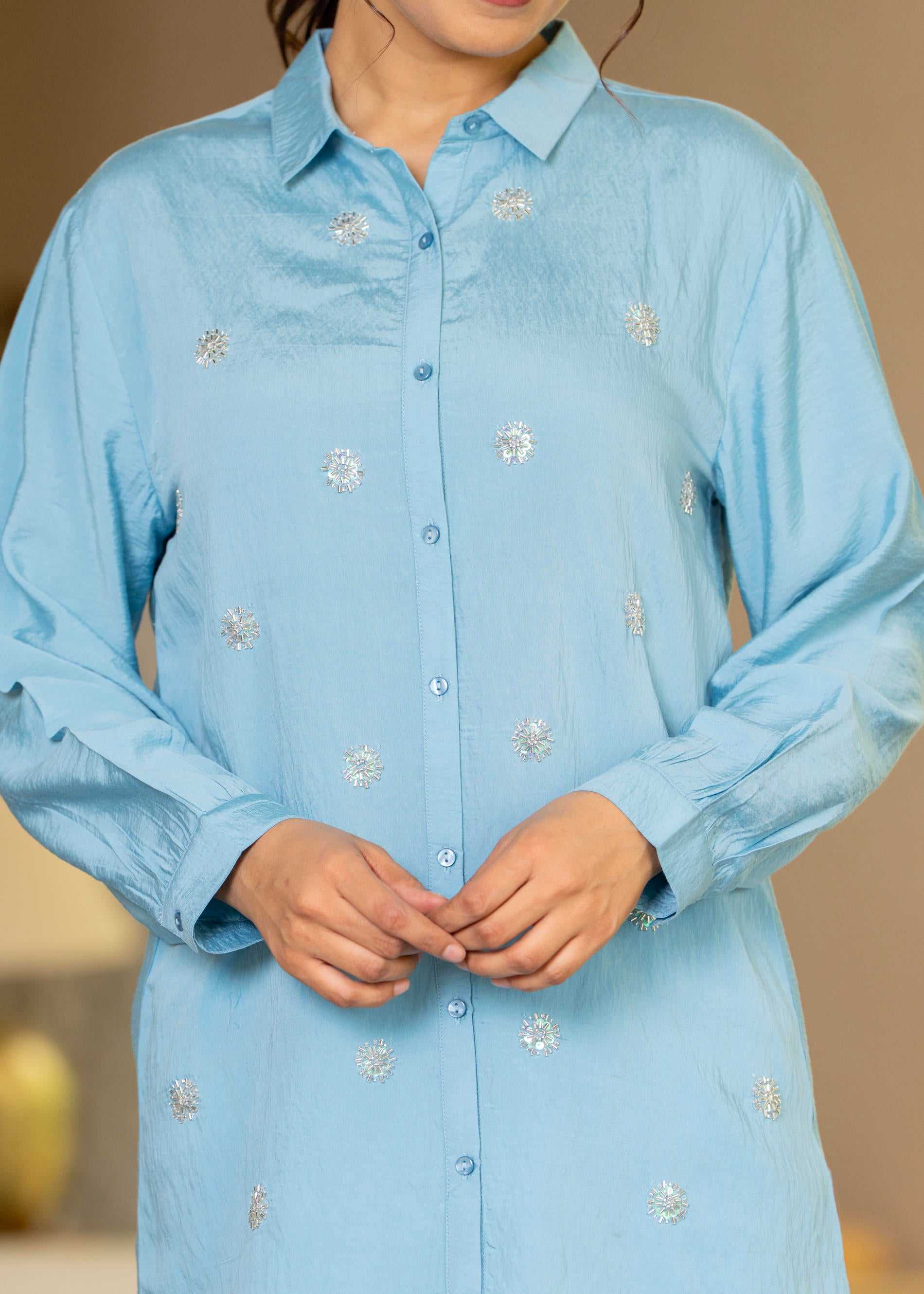 Steel Blue Solid Viscose Shirt with Beads and Sequence Work
