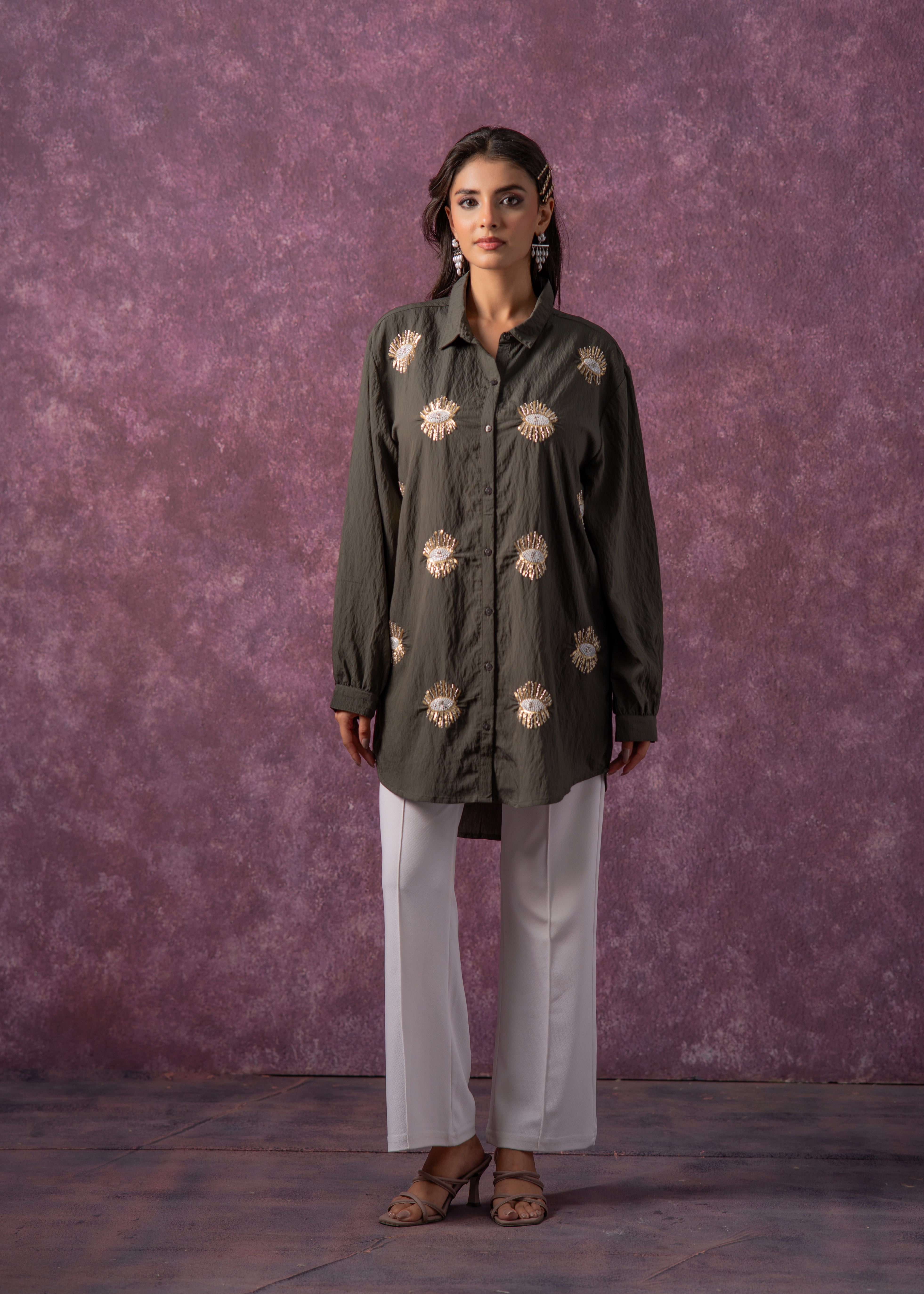 Olive Green Embellished Shirt Tunic with Beaded Eye Motifs