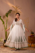 White & Green Leaf Printed Anarkali Dress Set