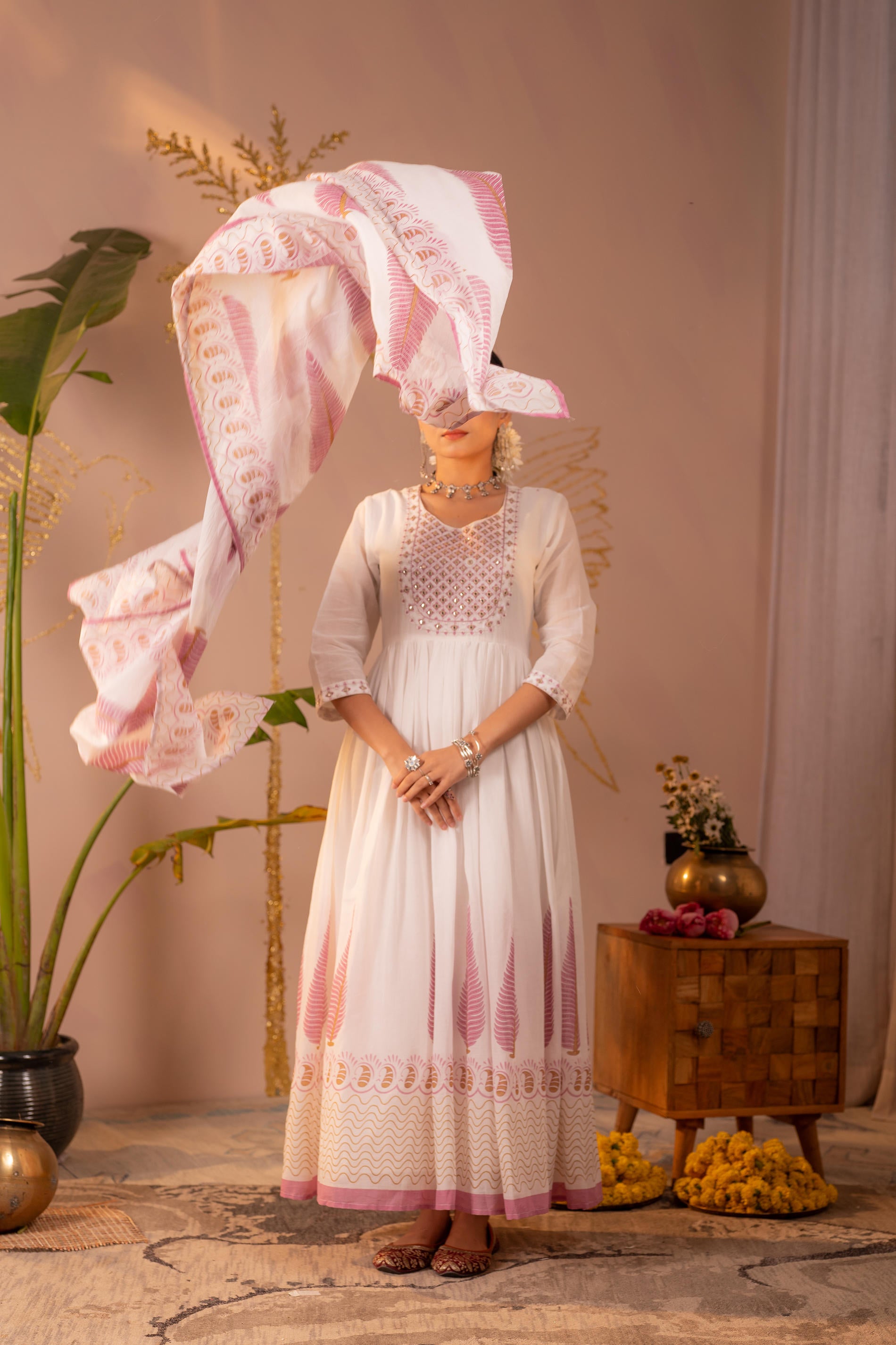 White & Purple Floral Printed Anarkali Dress Set