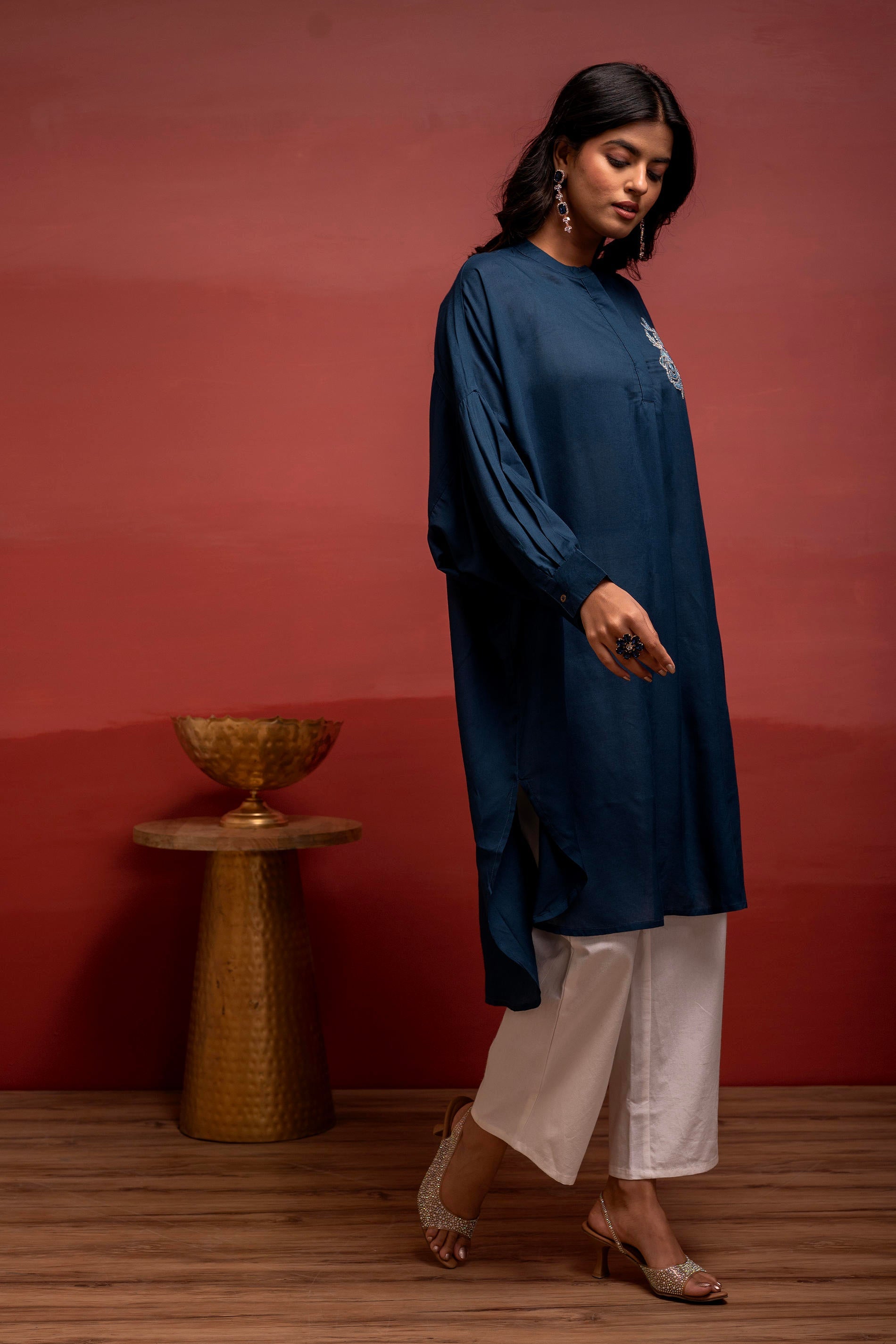 Viscose Blue Embellished Shirt with Sequin & Bead Details