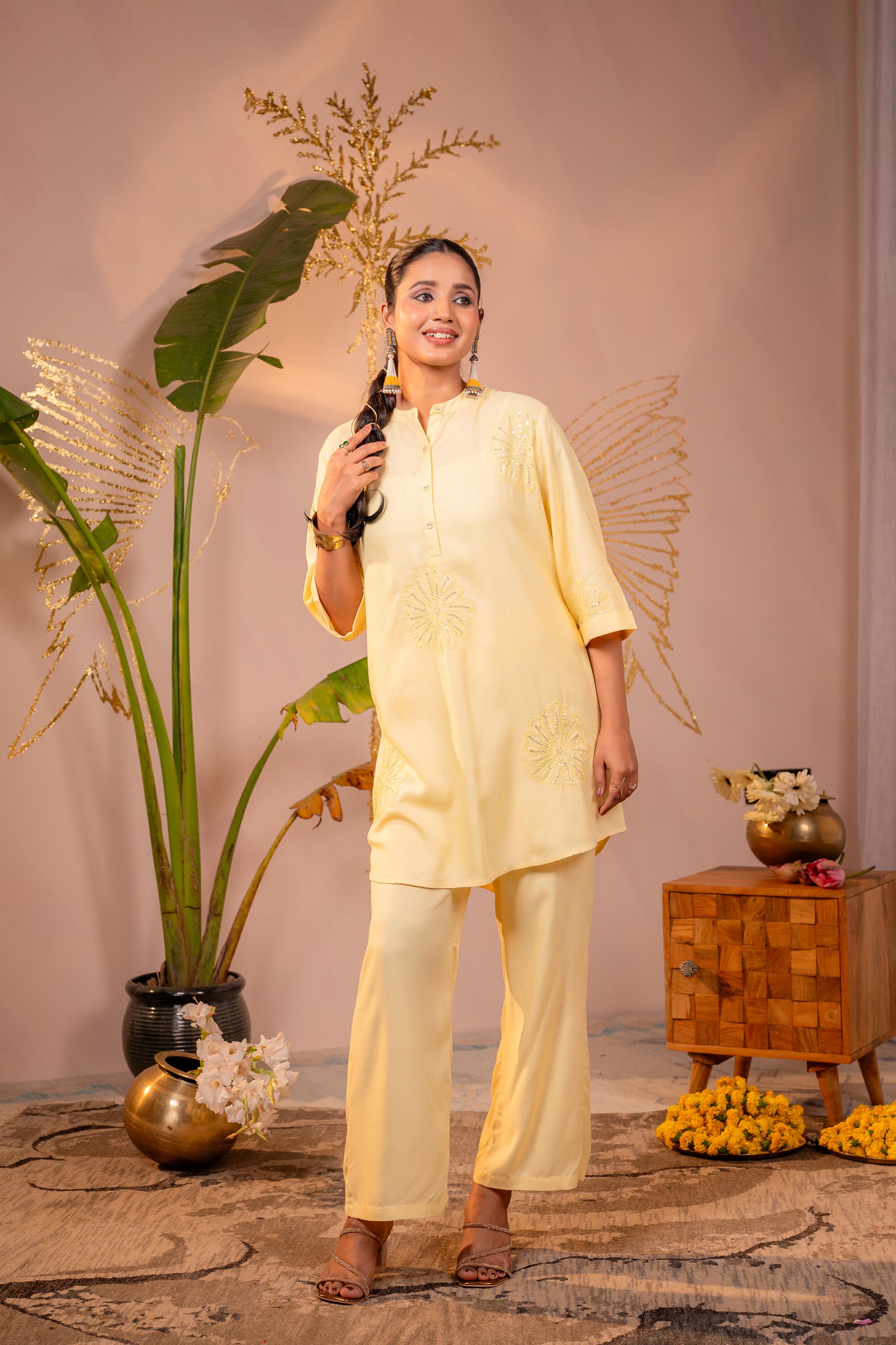 Light Yellow Whisper Embroidered Comfort Co-ord