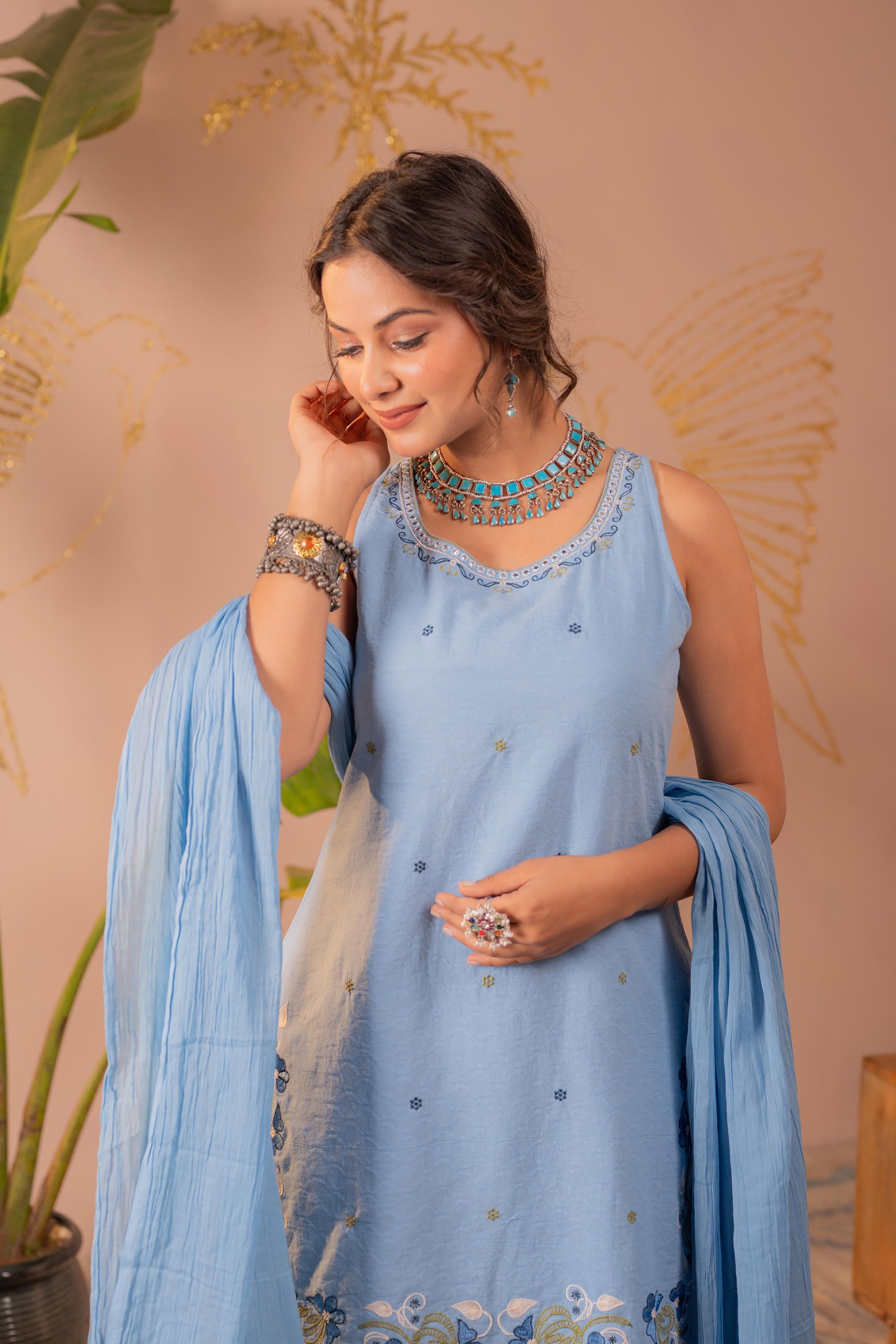 Blue Embroidered Cotton Kurta Sharara Set
