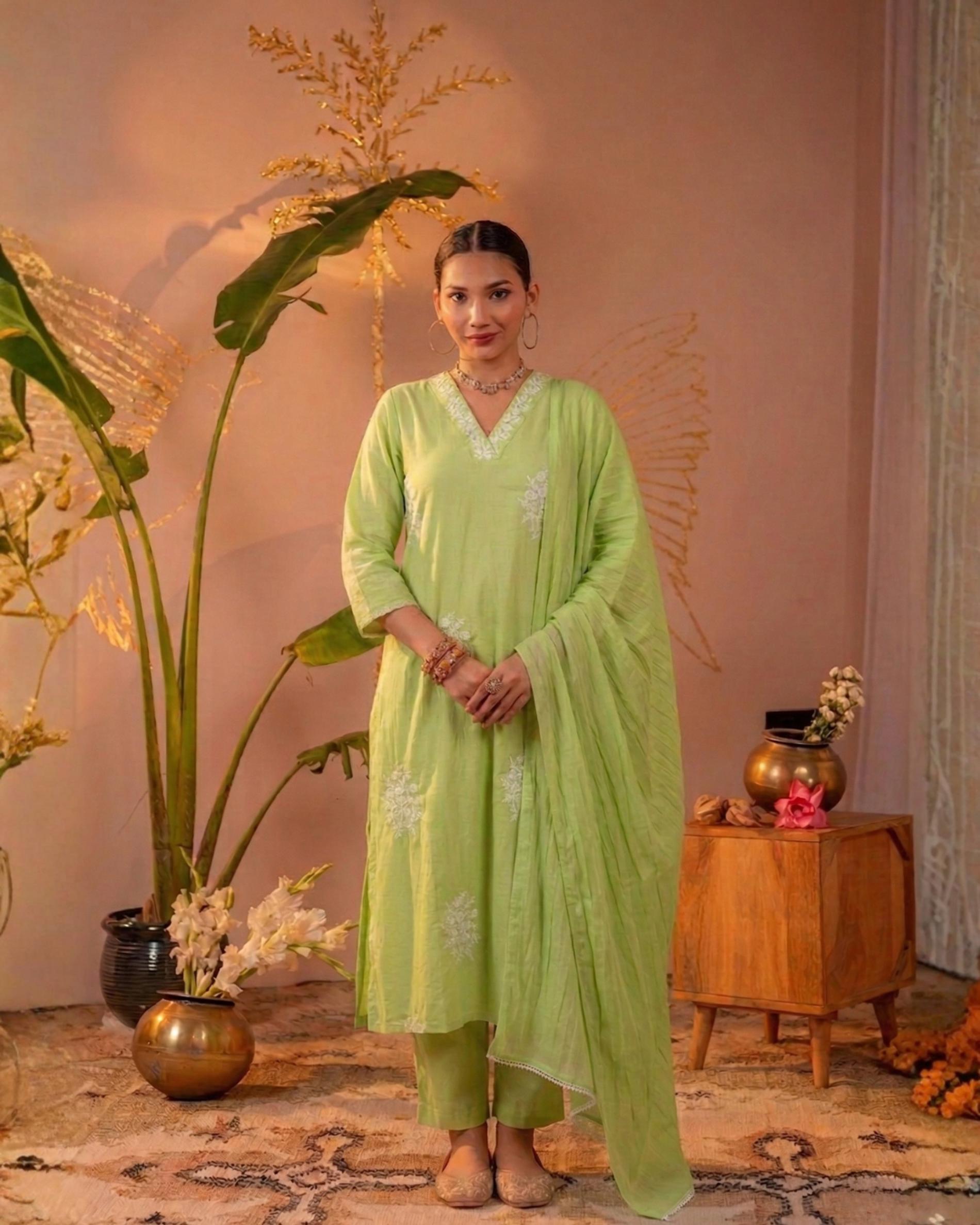Green Embroidered Cotton Kurta Pant Set