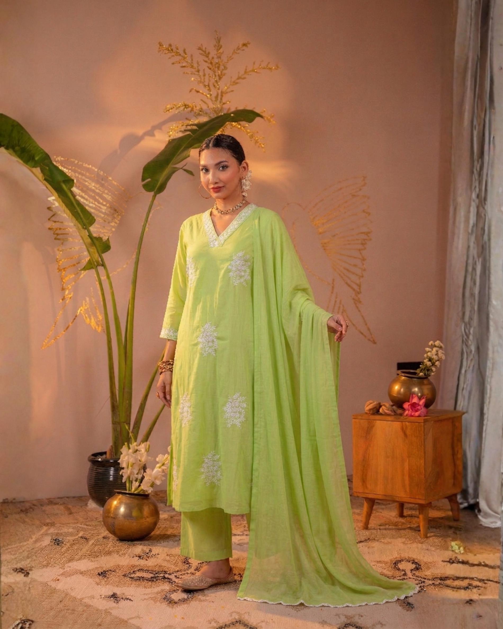 Green Embroidered Cotton Kurta Pant Set