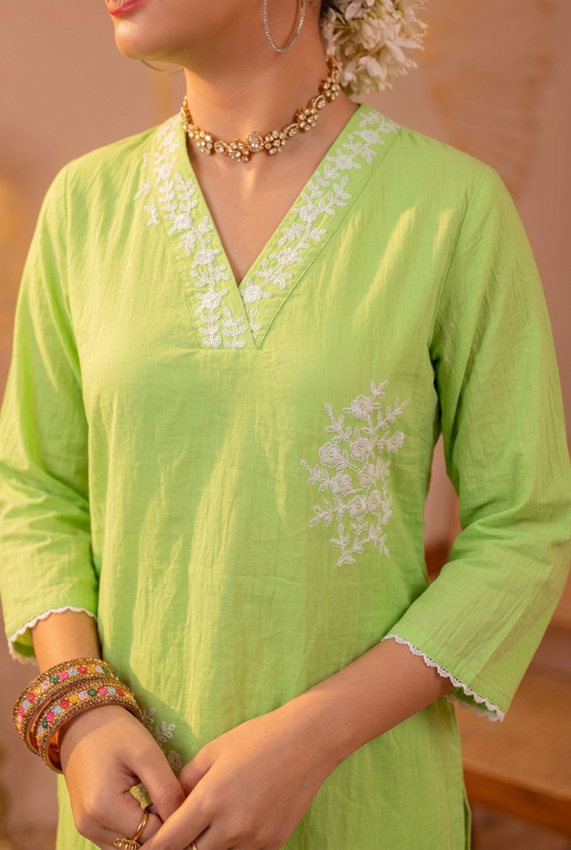 Green Embroidered Cotton Kurta Pant Set