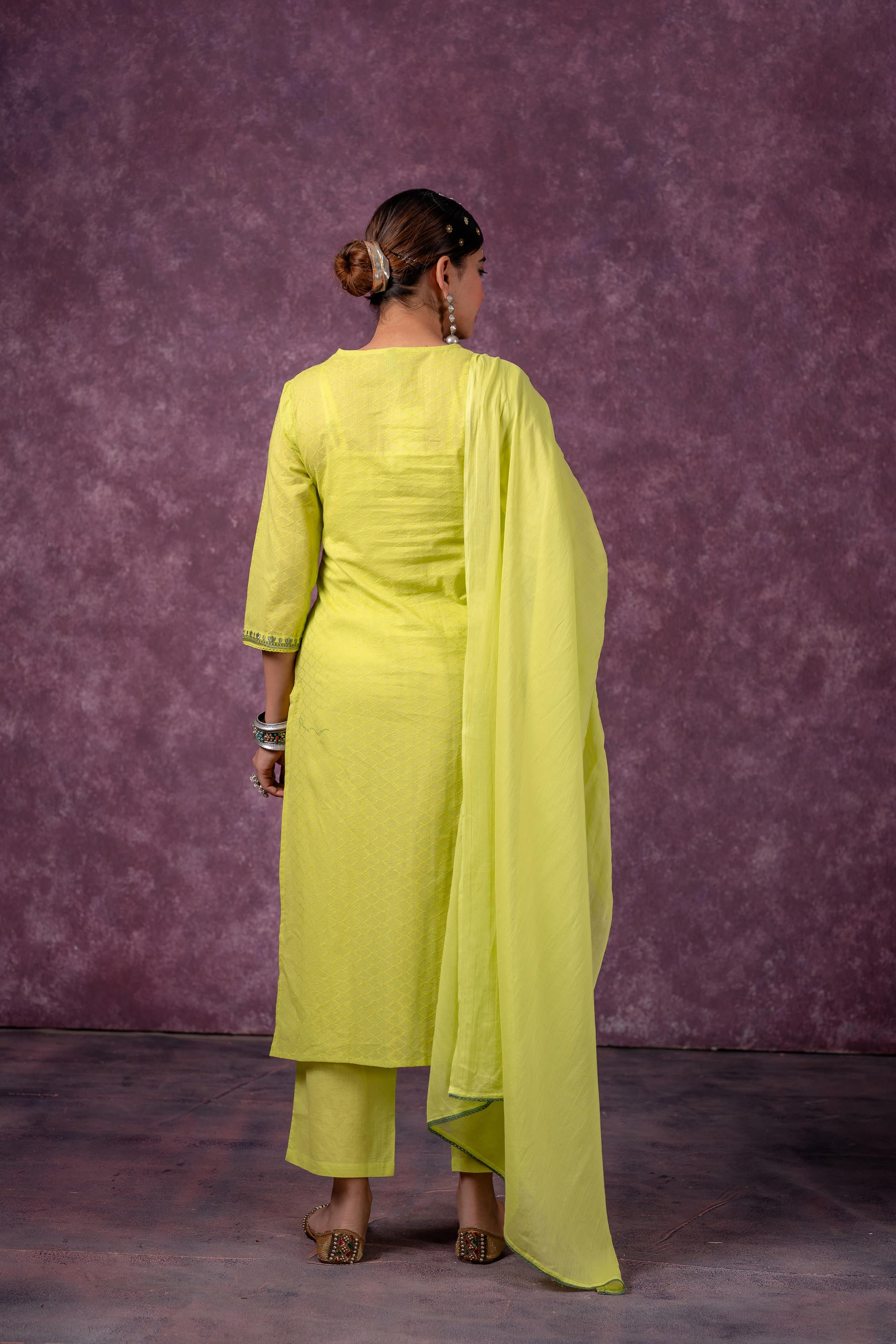 Lime Embroidered Cotton Kurta Pant Set