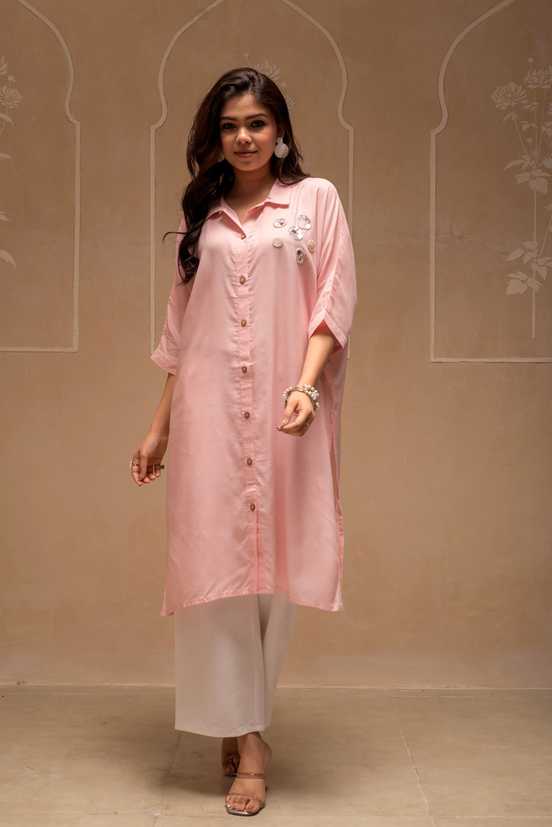 Light Pink Solid Viscose Shirt with Beads and Sequence Work