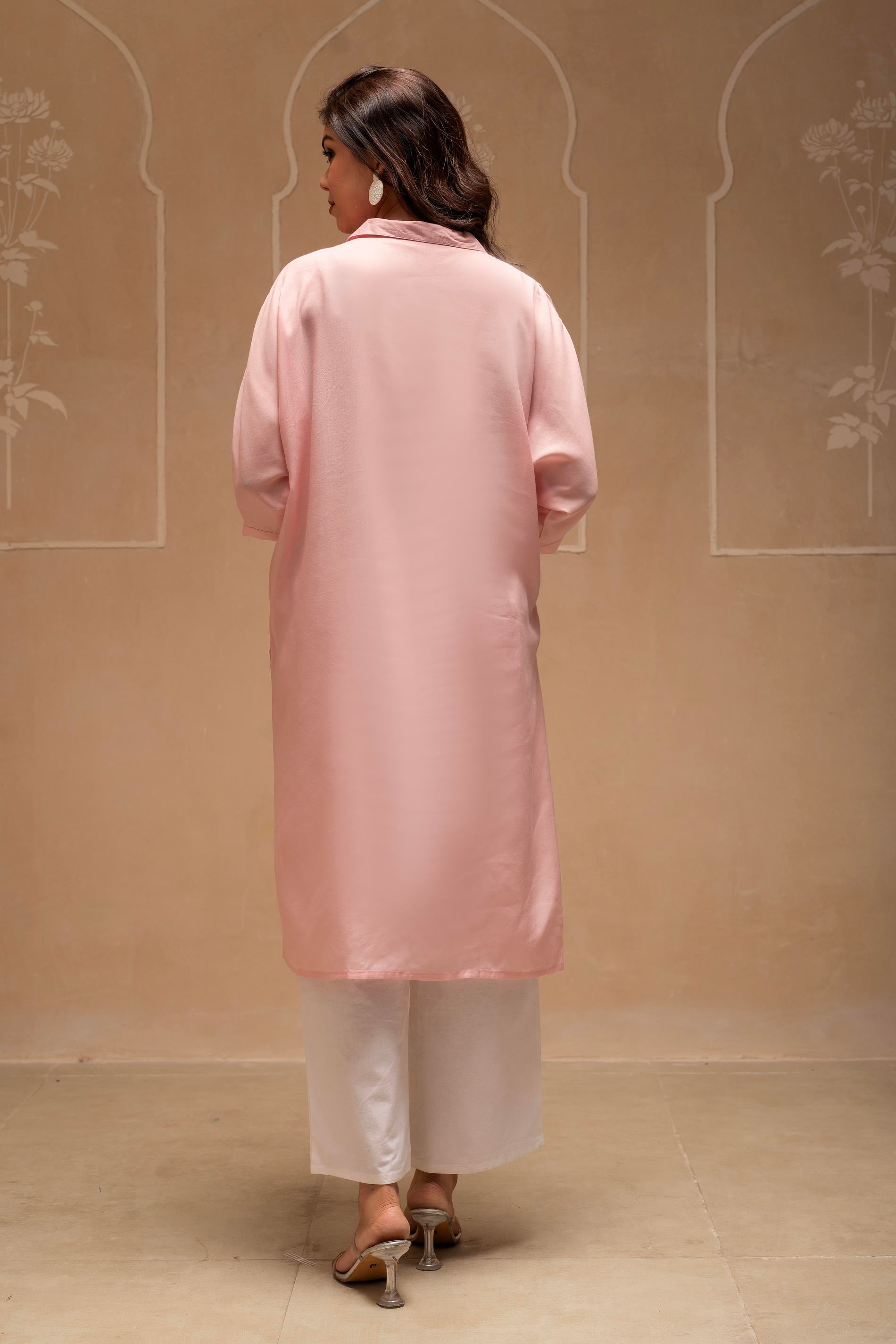 Light Pink Solid Viscose Shirt with Beads and Sequence Work