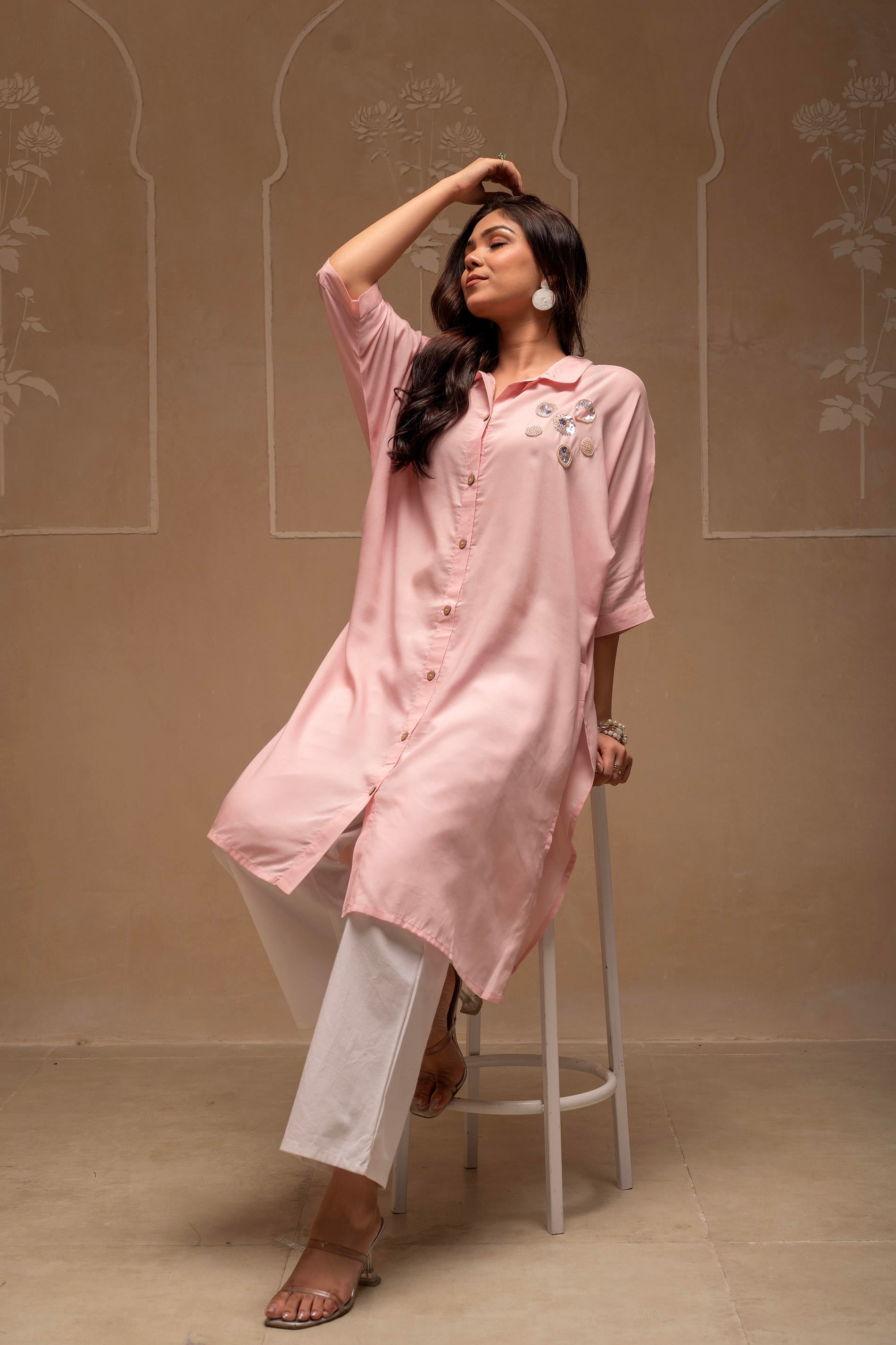 Light Pink Solid Viscose Shirt with Beads and Sequence Work