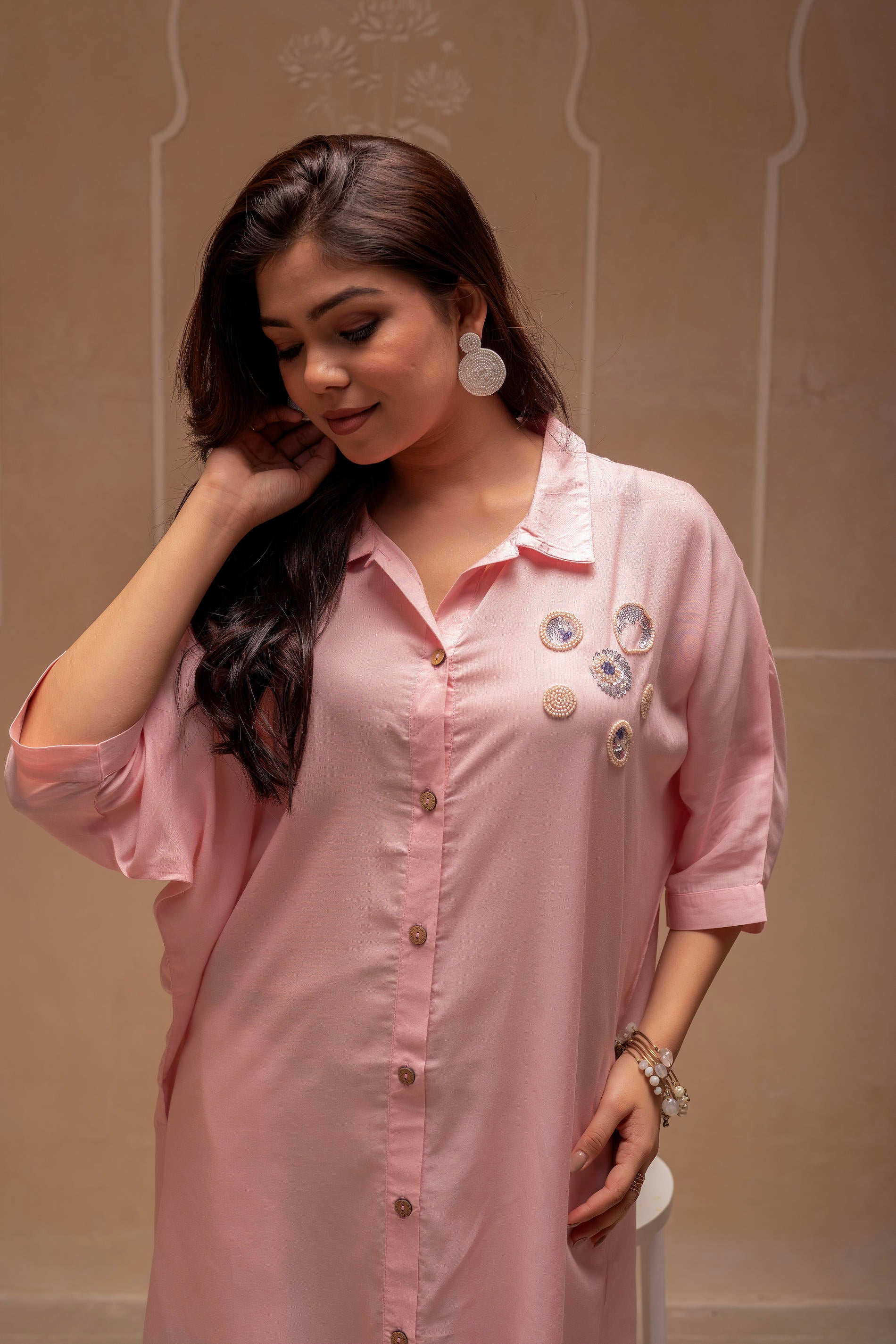 Light Pink Solid Viscose Shirt with Beads and Sequence Work