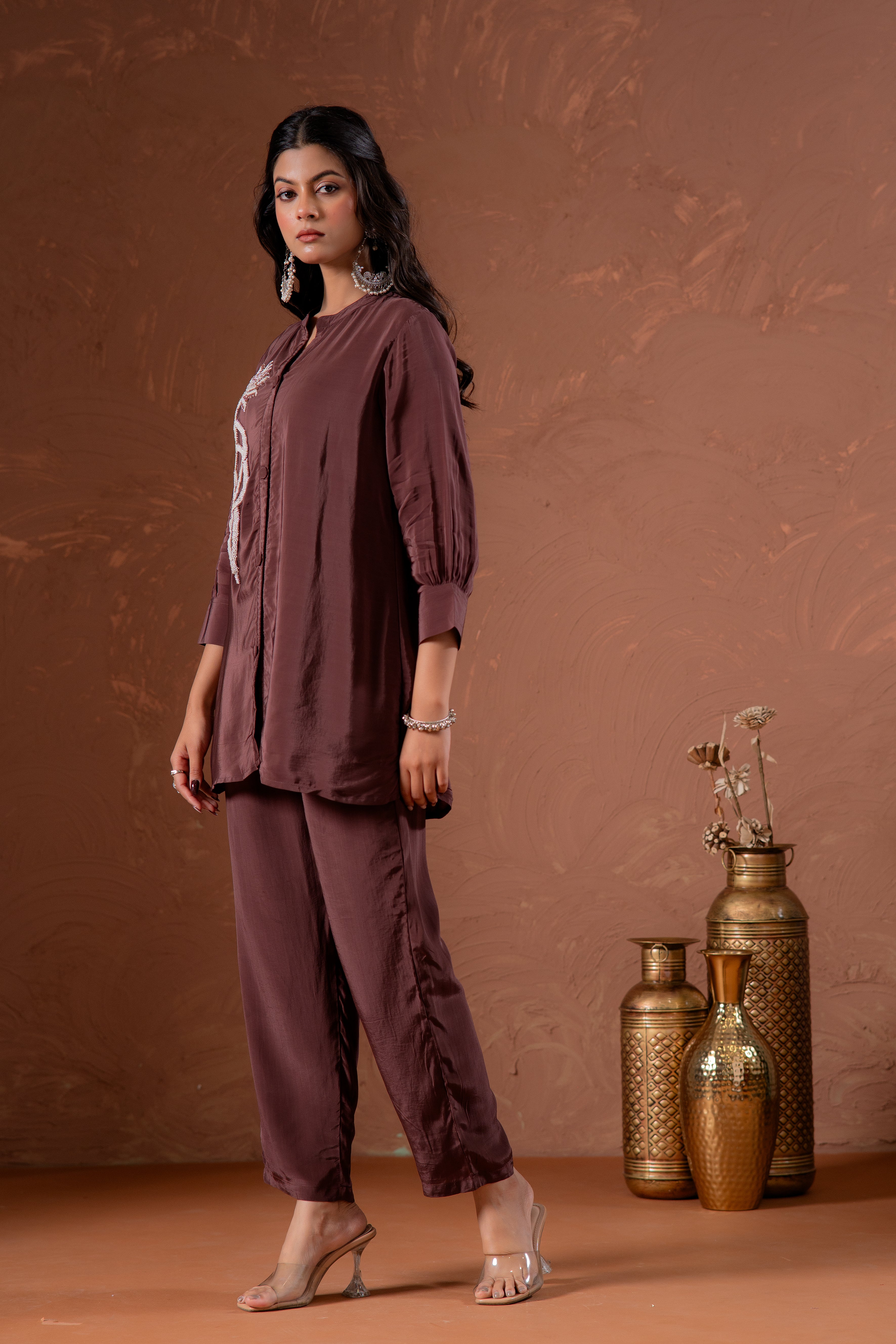 Coffee Brown Embellished Viscose Co-ord Set with Bead Detailing