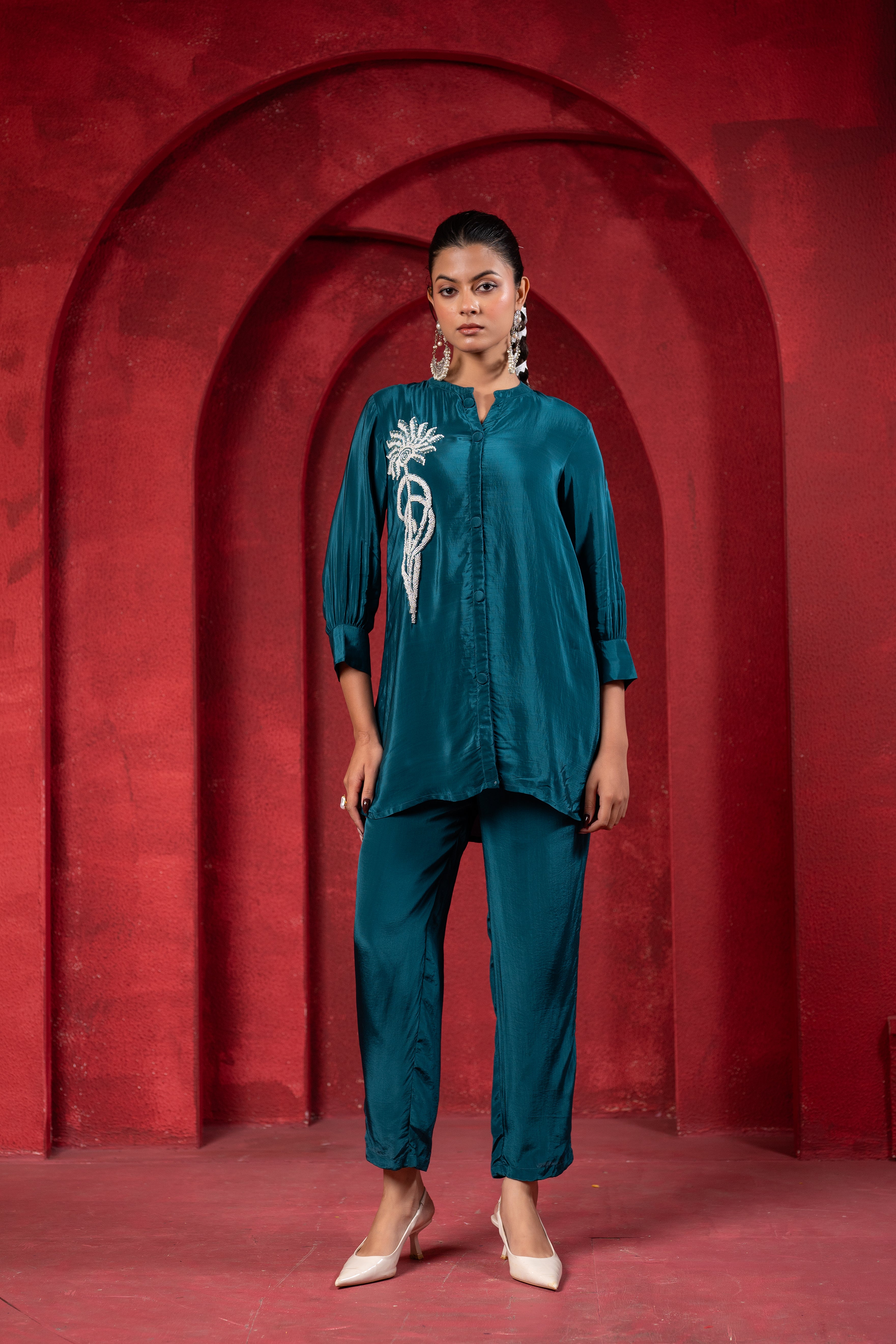 Teal Embellished Viscose Co-ord Set with Bead Detailing