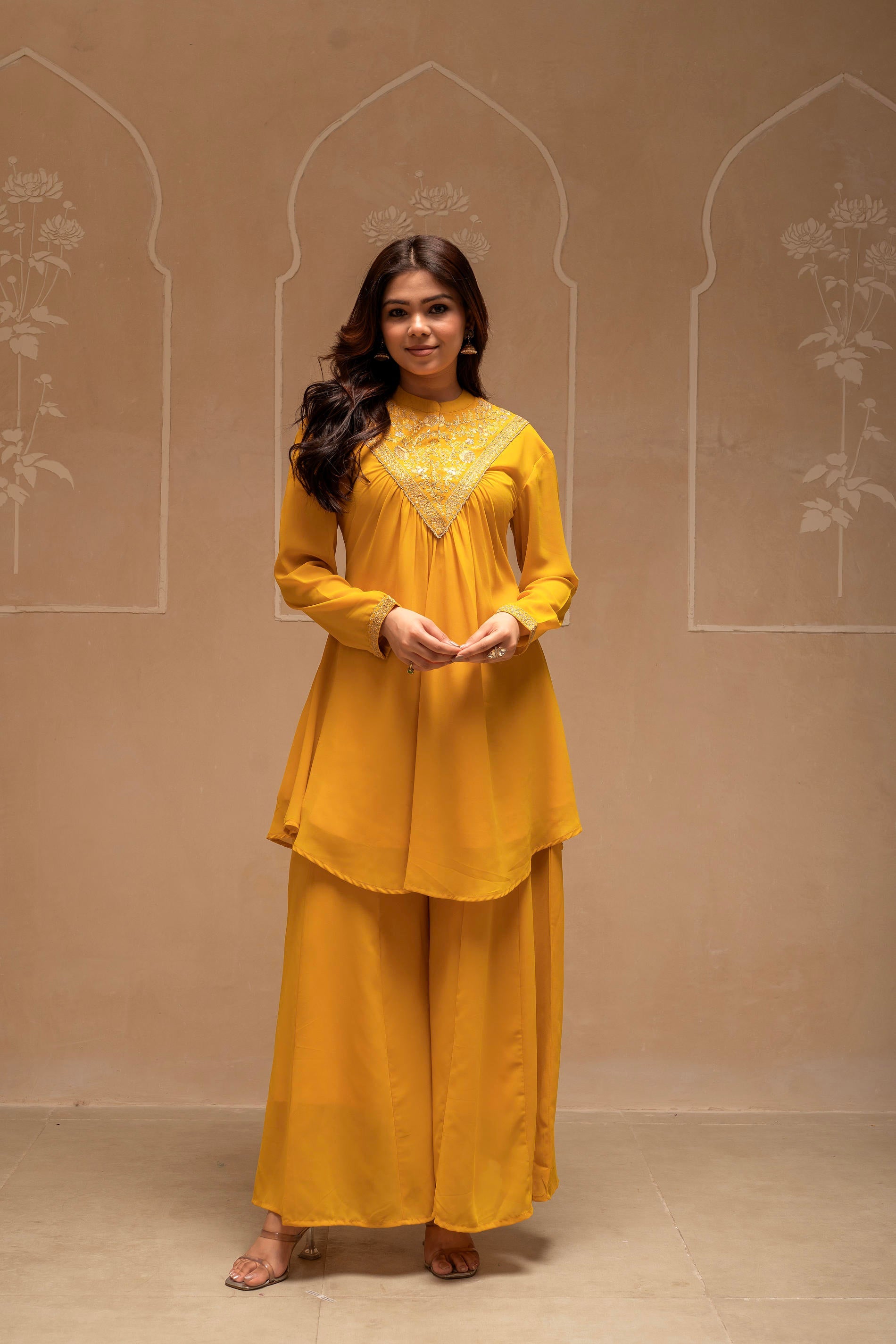 Mustard Solid Poly Georgette Tunic and Sharara Co-ord Set with Sequence and Zari Work