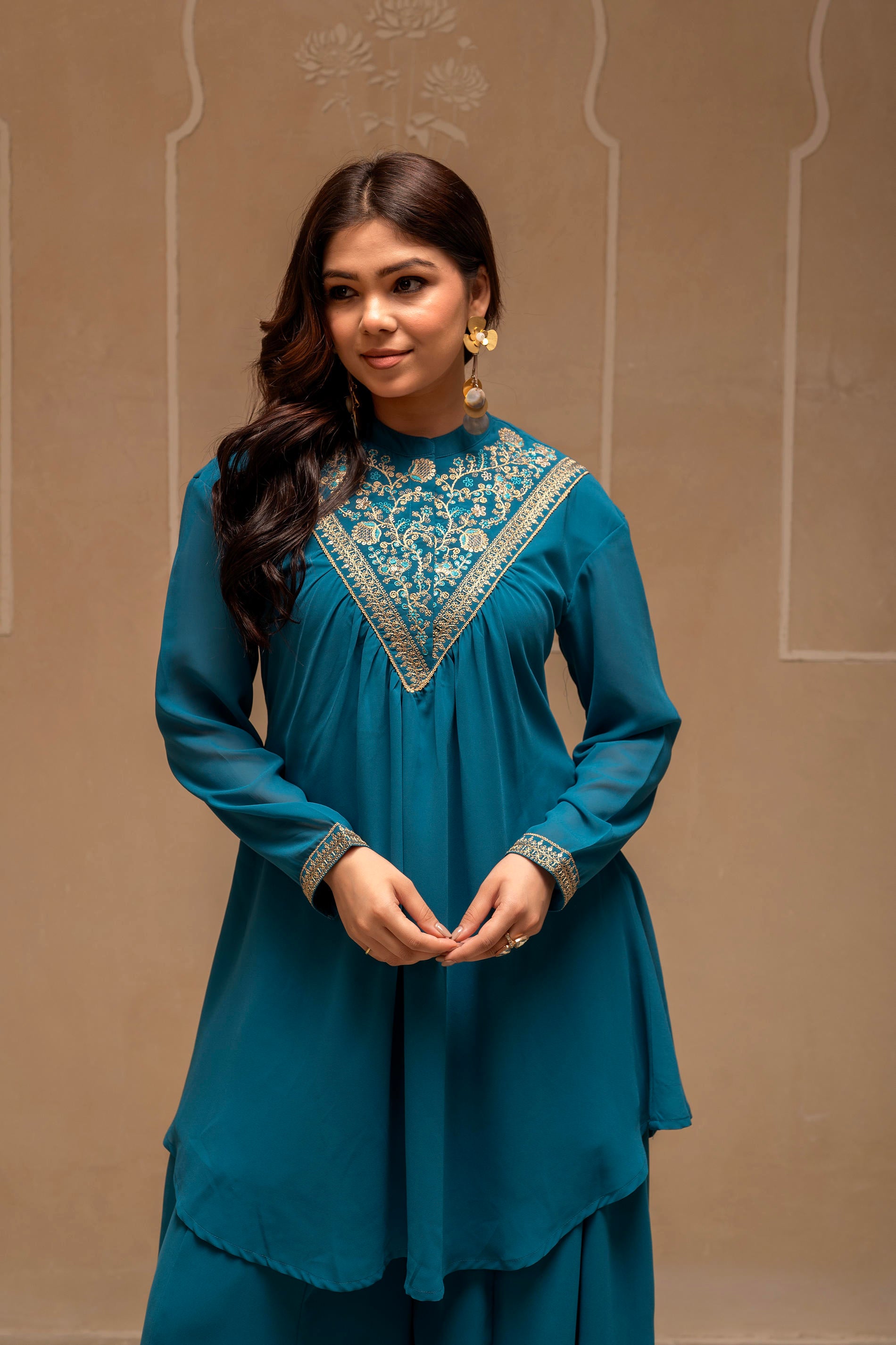 Teal Solid Poly Georgette Tunic and Sharara Co-ord Set with Sequence and Zari Work