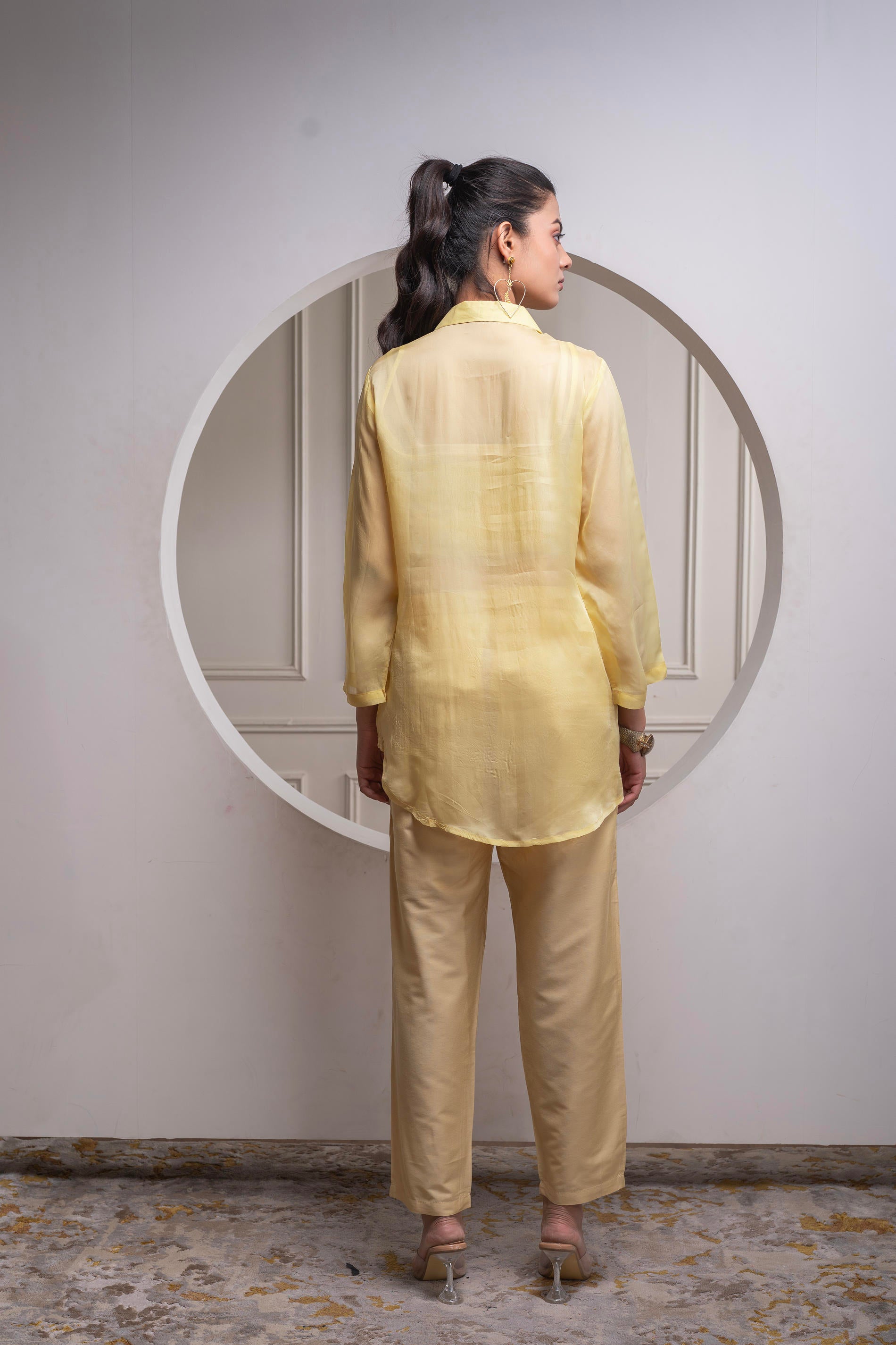 Light Yellow Solid Viscose Shirt, Cami, and Pant Co-ord Set with Sequence and Zari Work