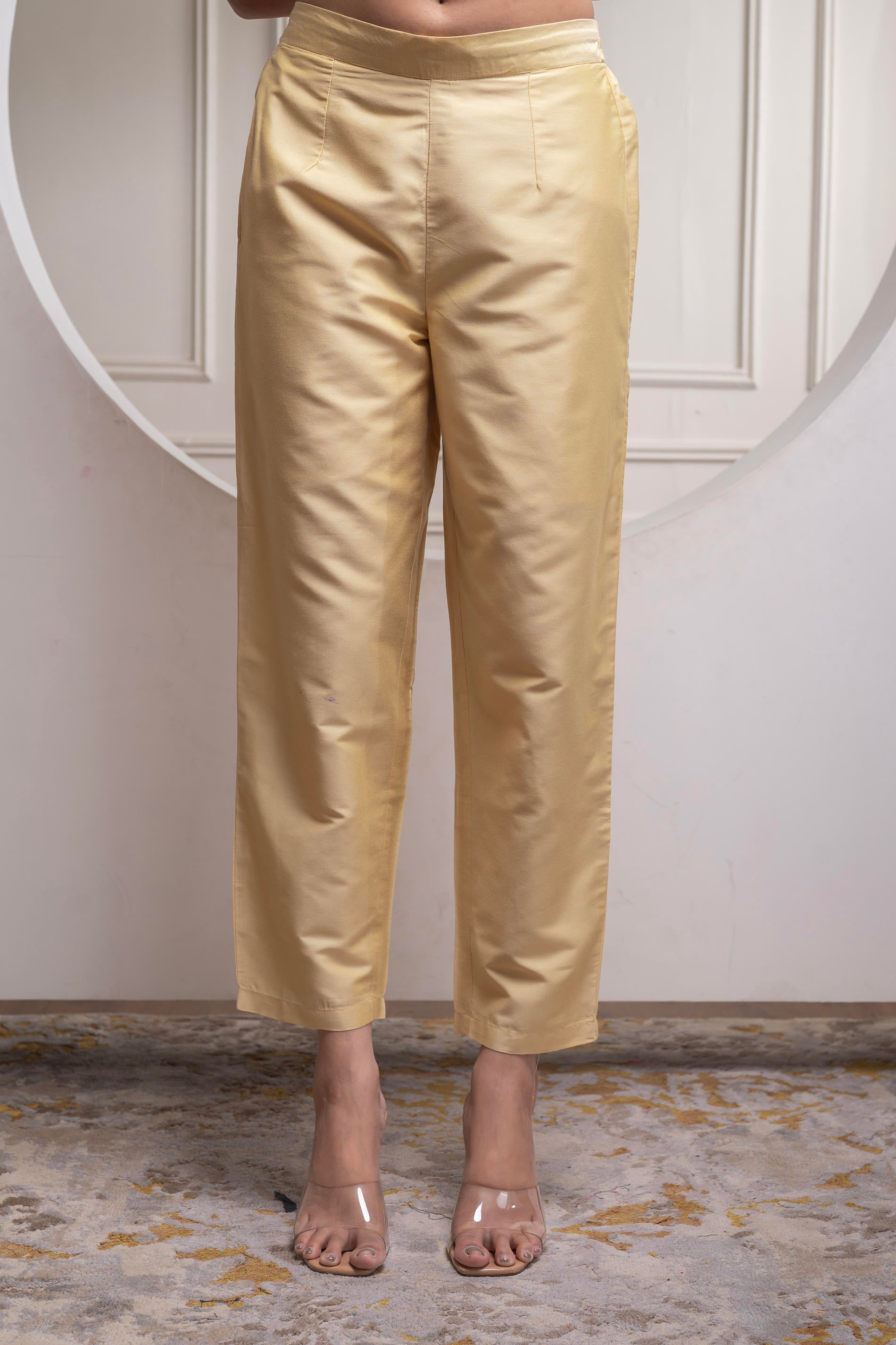 Light Yellow Solid Viscose Shirt, Cami, and Pant Co-ord Set with Sequence and Zari Work