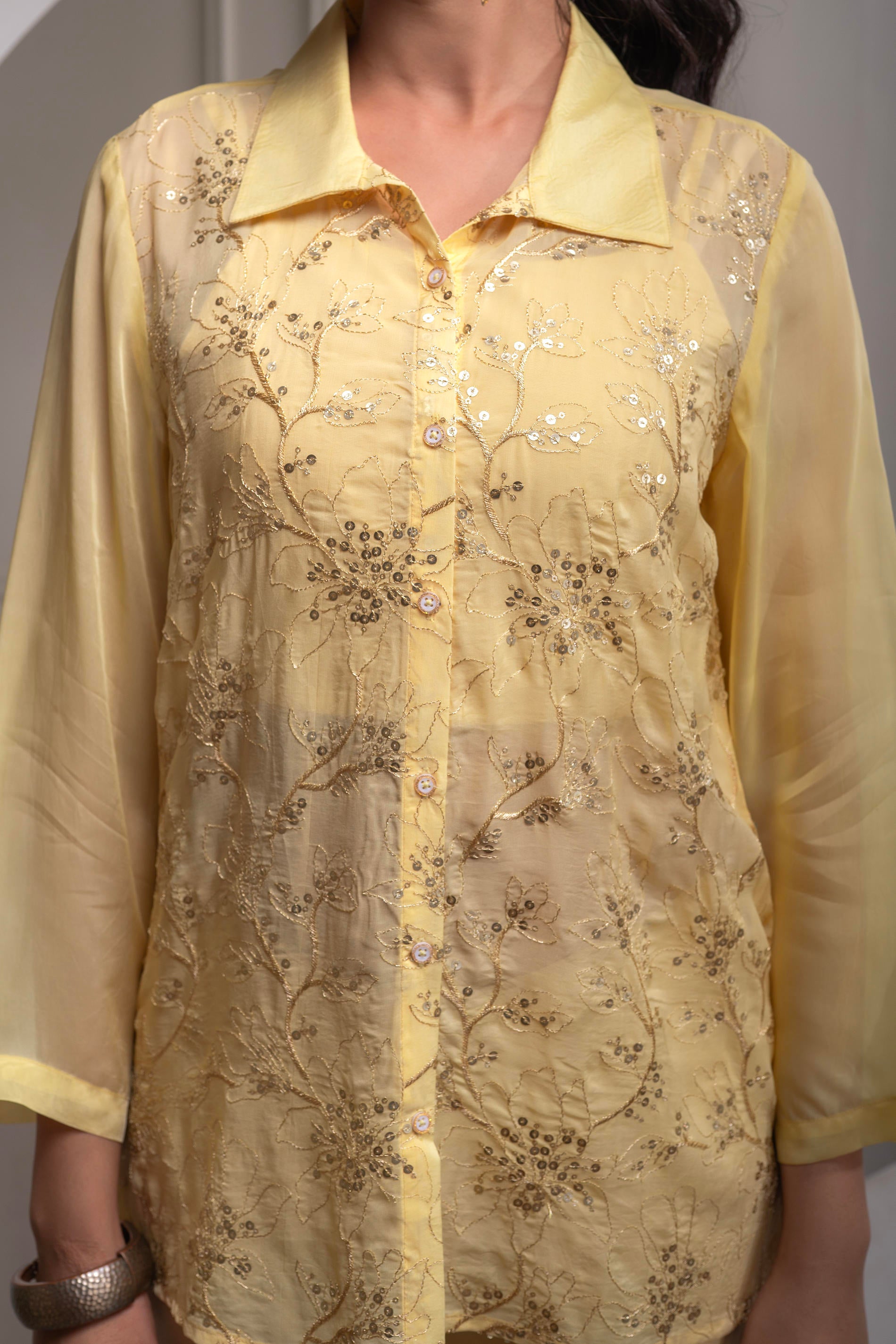 Light Yellow Solid Viscose Shirt, Cami, and Pant Co-ord Set with Sequence and Zari Work