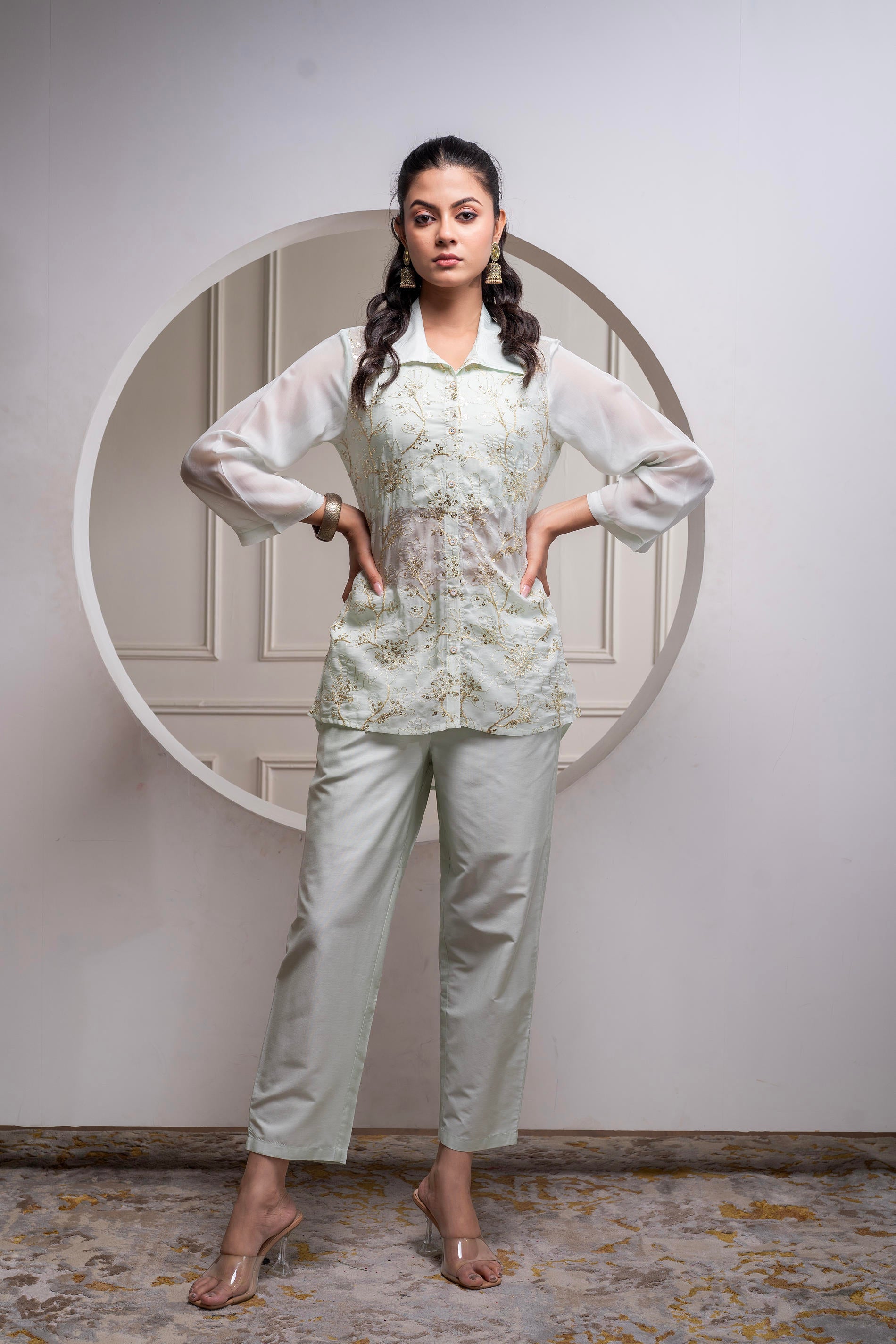 Mintgreen Solid Viscose Shirt, Cami, and Pant Co-ord Set with Sequence and Zari Work