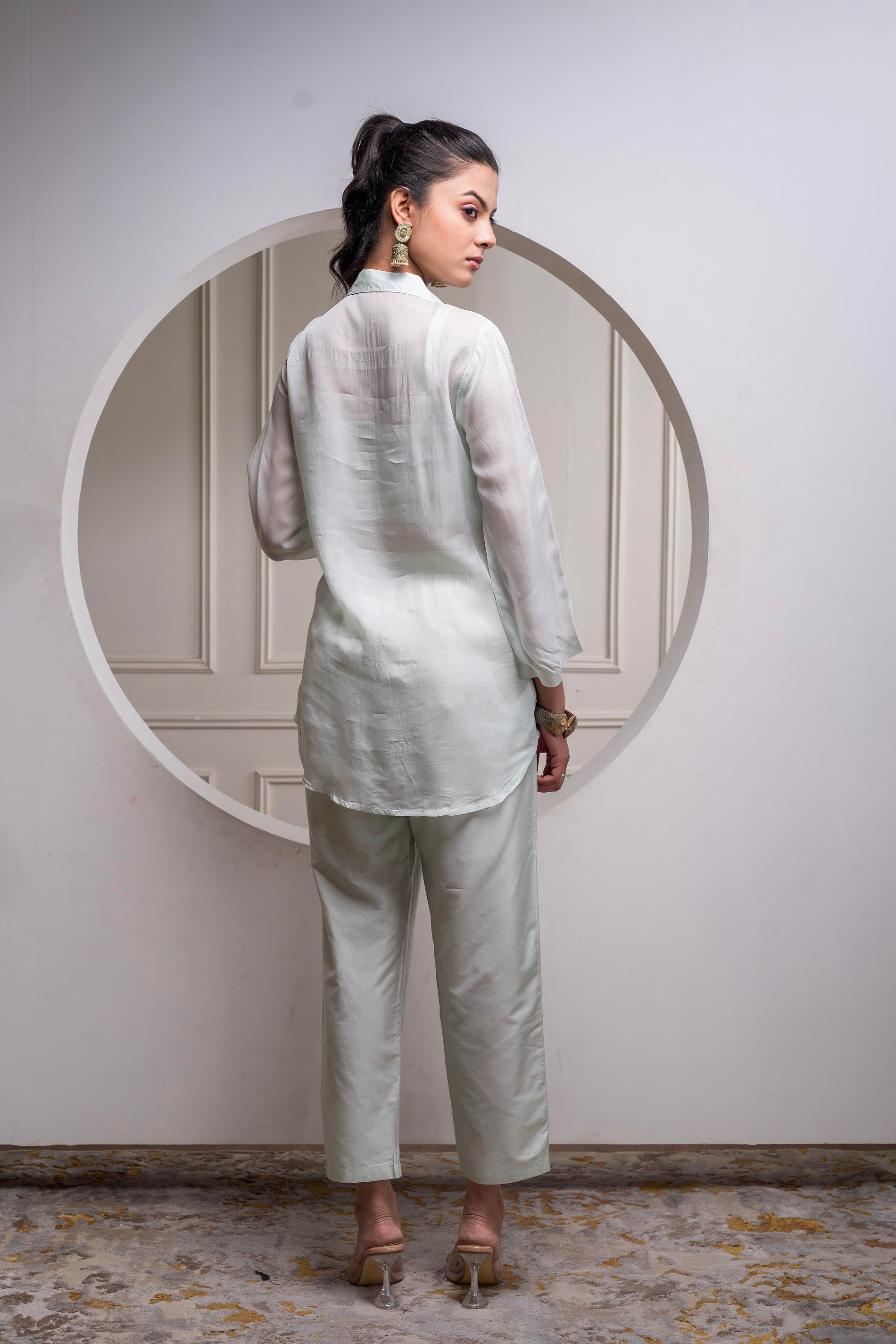 Mintgreen Solid Viscose Shirt, Cami, and Pant Co-ord Set with Sequence and Zari Work