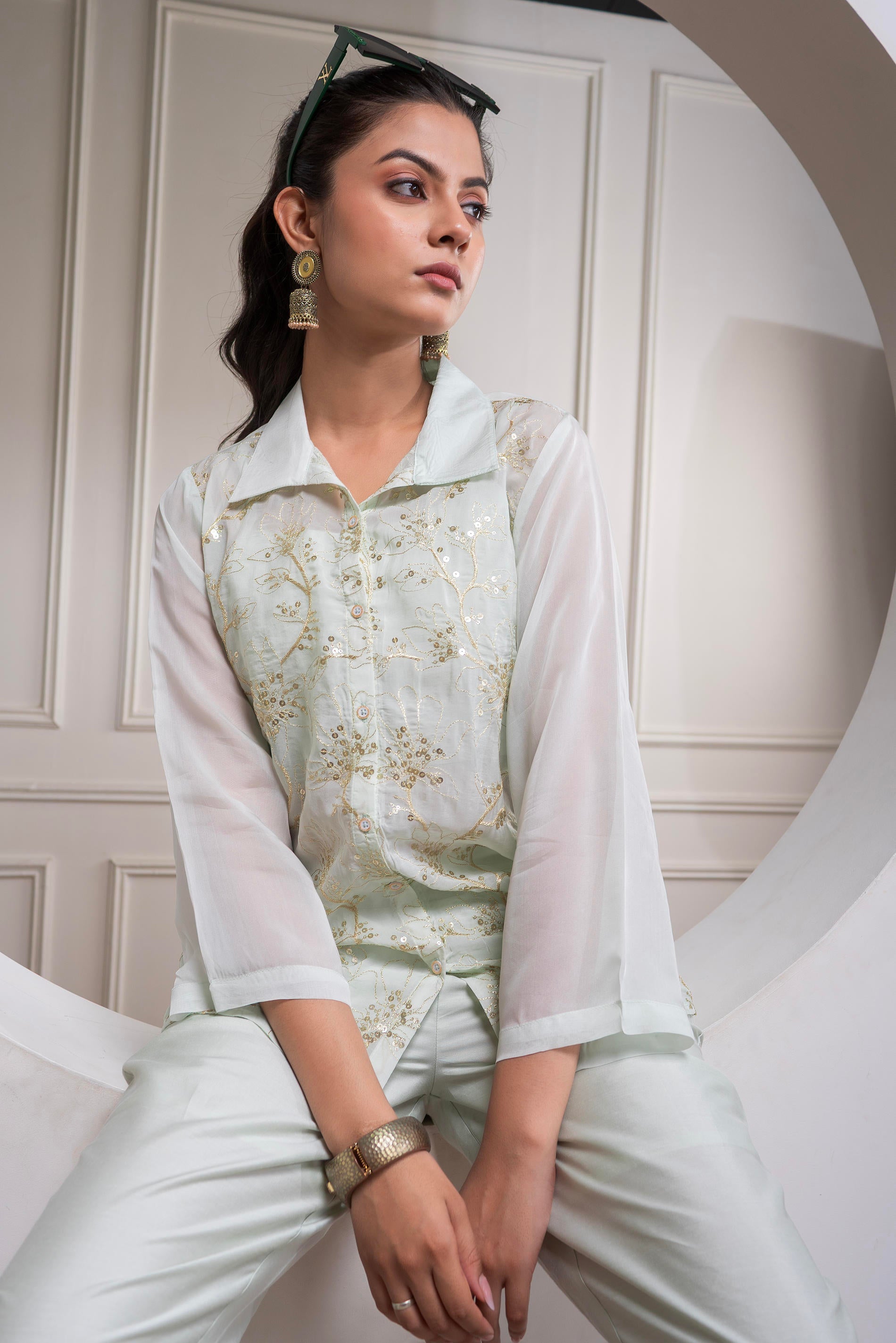 Mintgreen Solid Viscose Shirt, Cami, and Pant Co-ord Set with Sequence and Zari Work