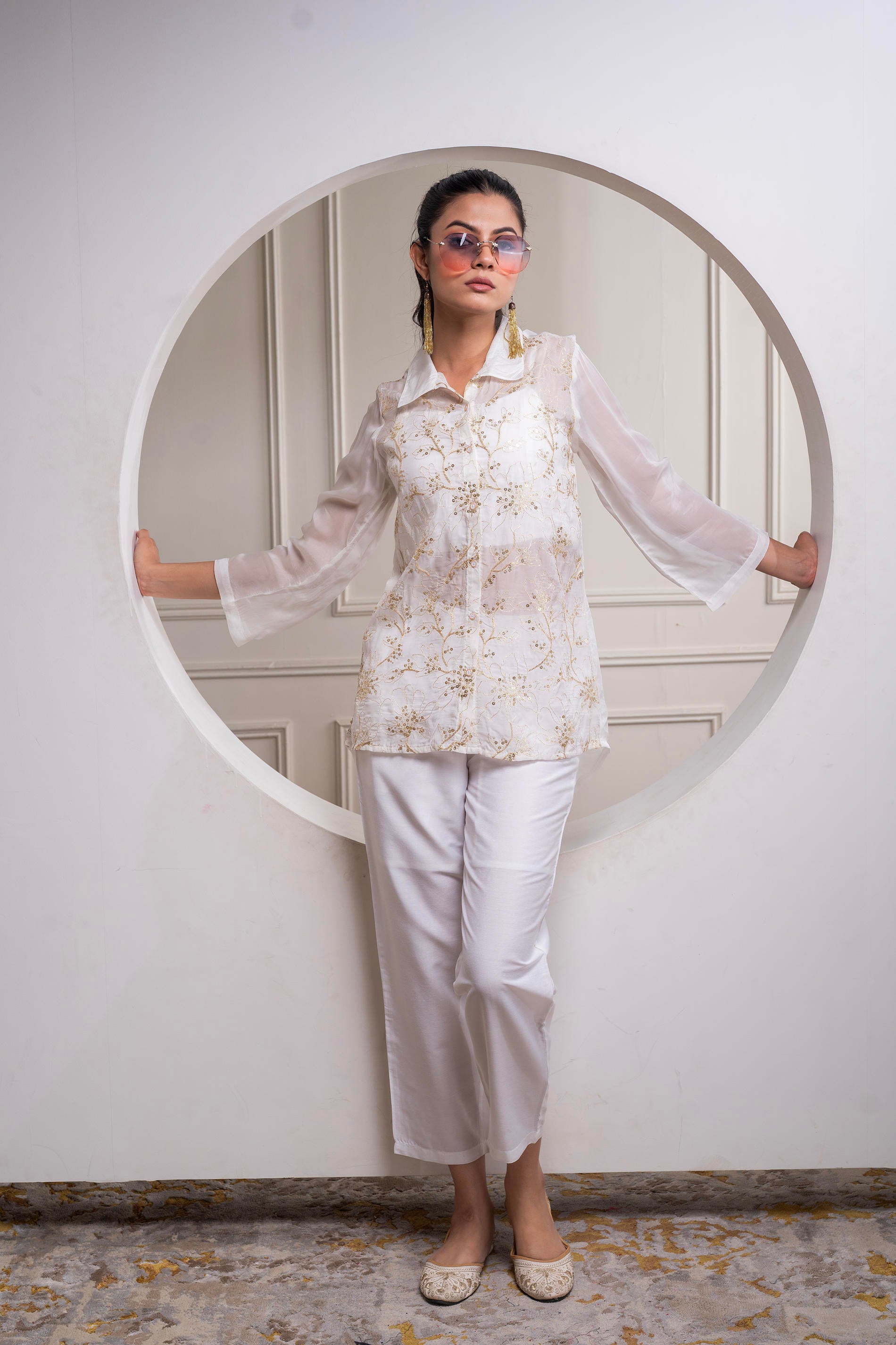 Viscose Offwhite Embroidered Shirt, Cami & Pant Co-Ord Set with Zari Work