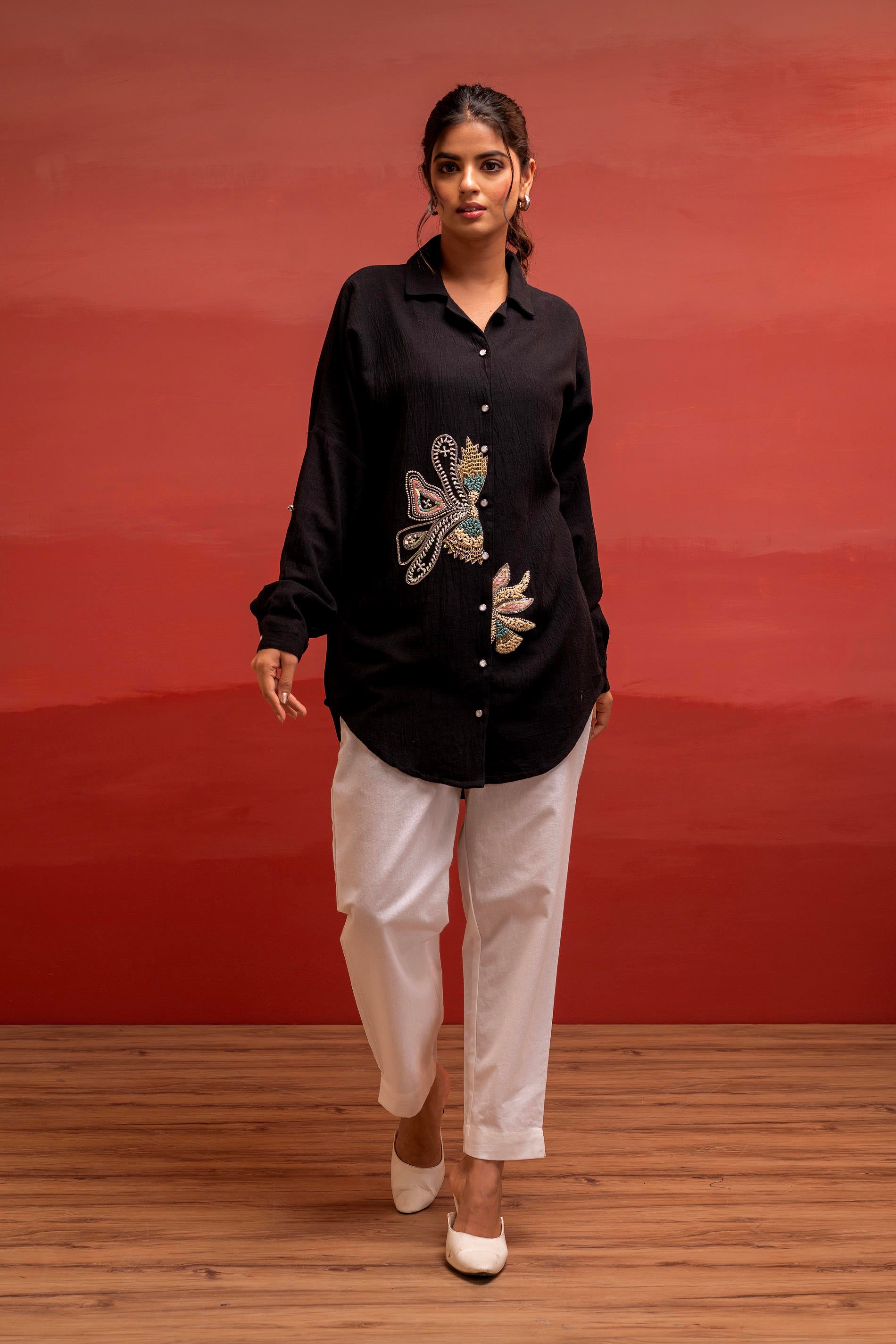 Black Solid Viscose Shirt with Beads, Sequence, and Thread Work