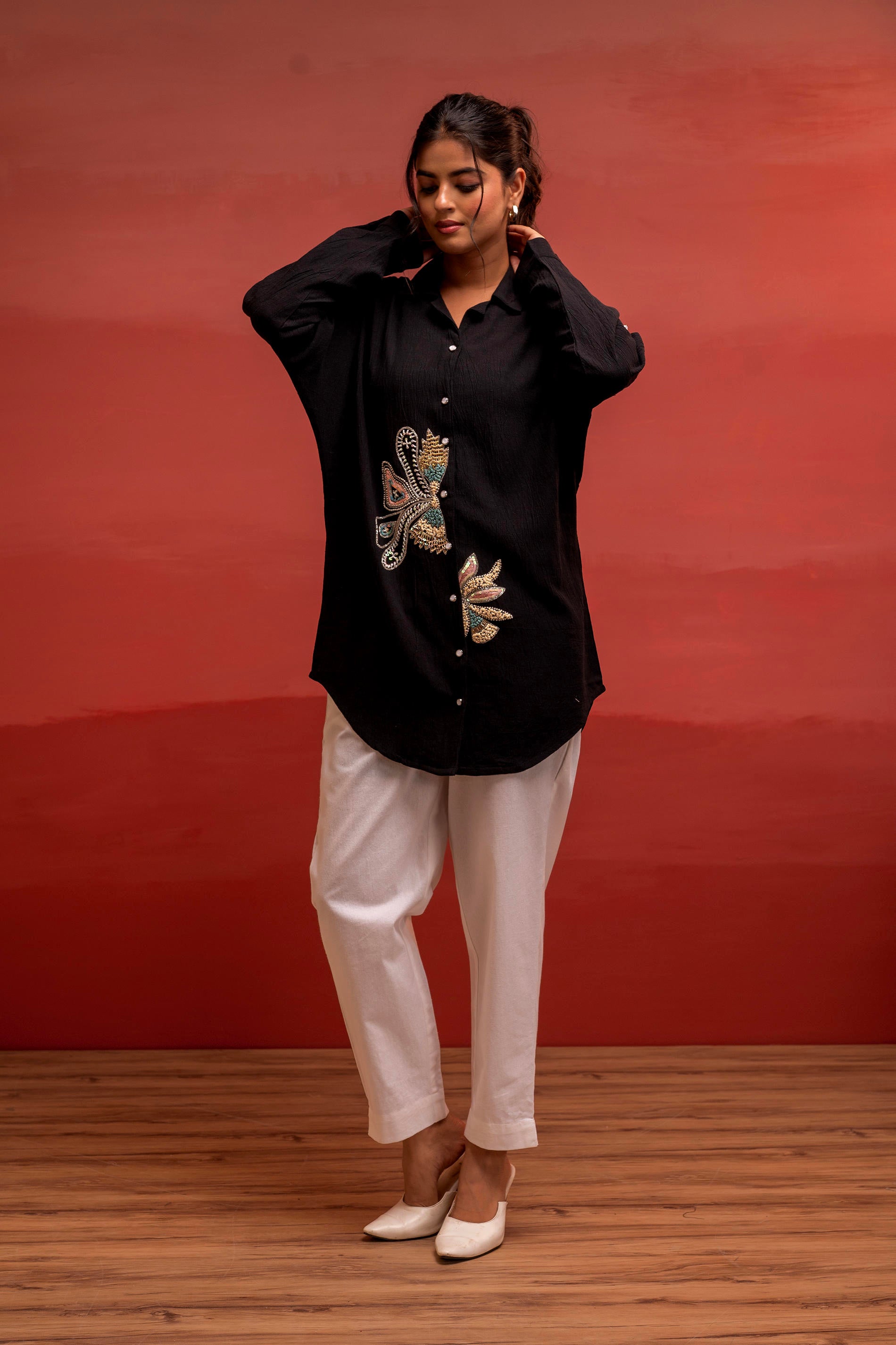 Black Solid Viscose Shirt with Beads, Sequence, and Thread Work