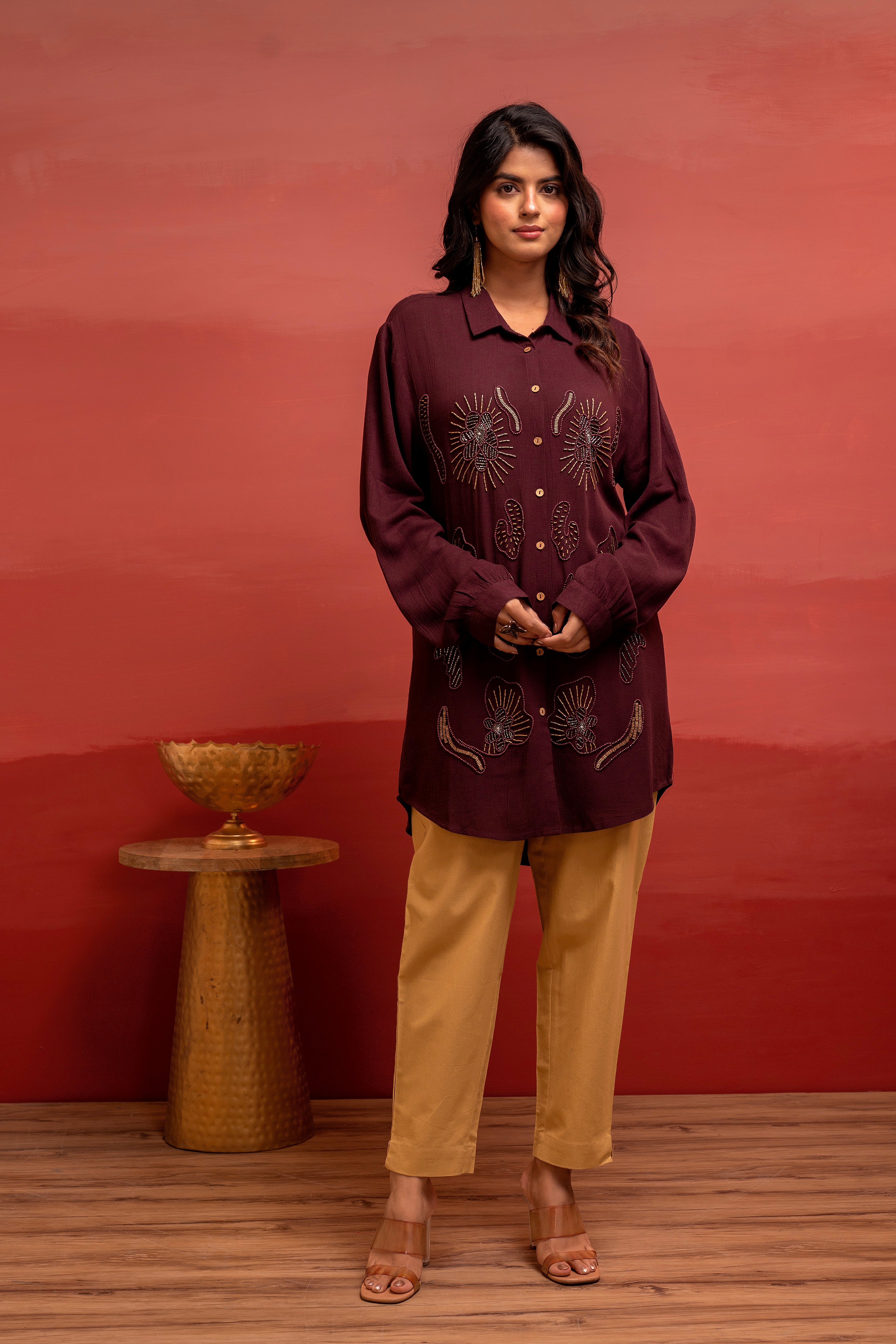 Coffee Brown Solid Viscose Shirt with Beads and Sequence Work