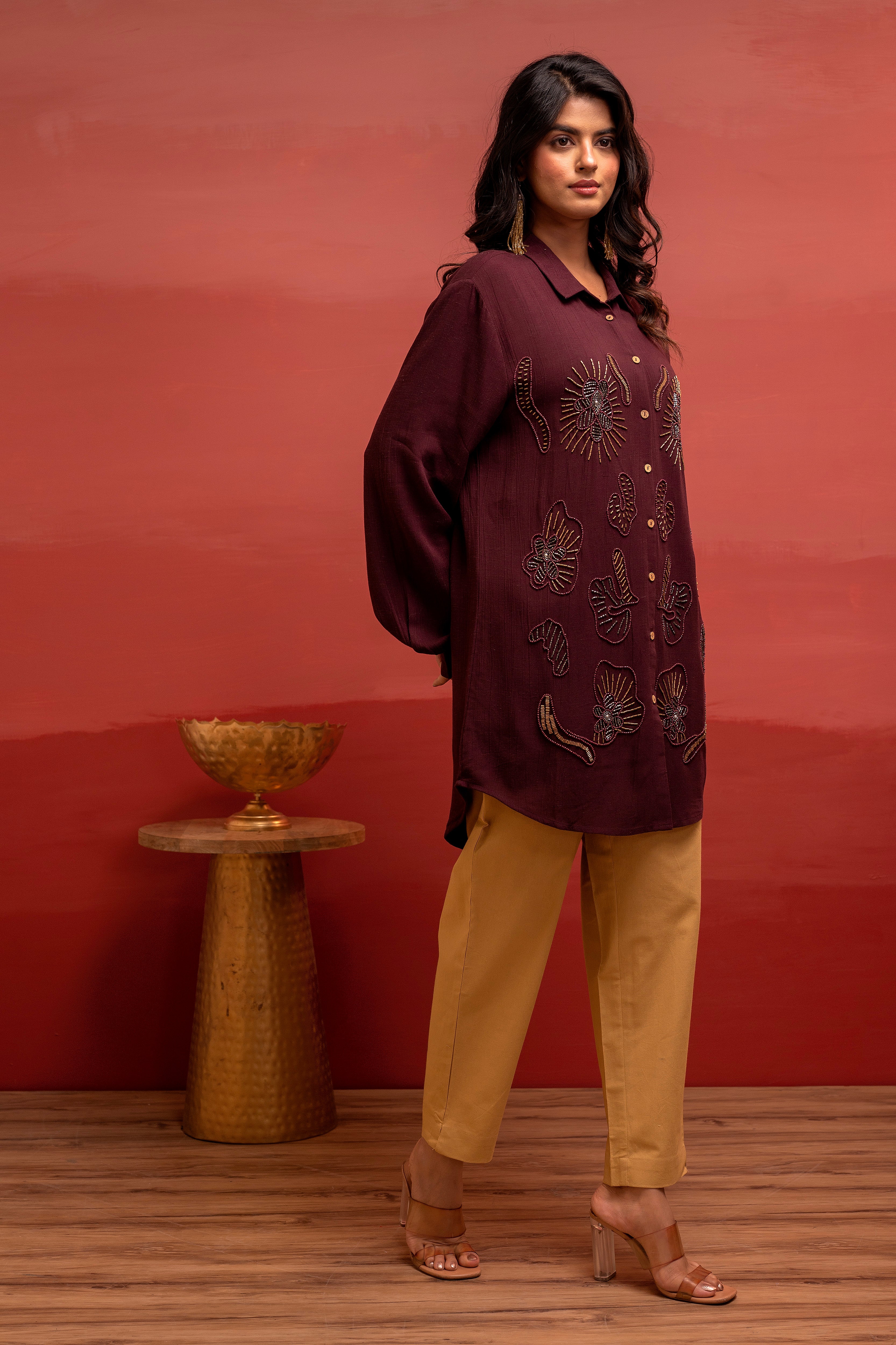 Coffee Brown Solid Viscose Shirt with Beads and Sequence Work