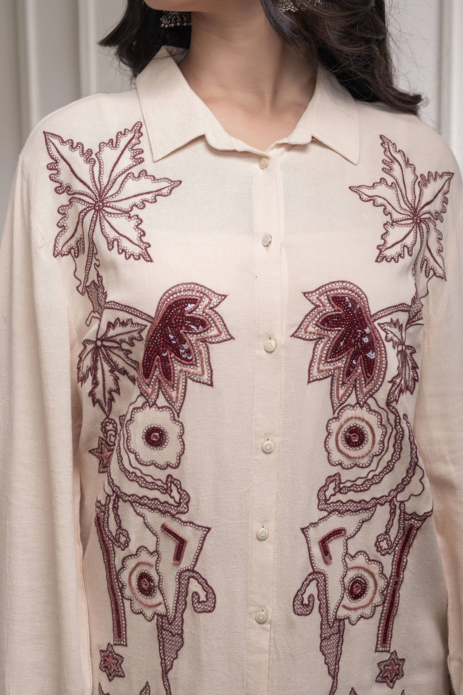 Viscose Linen Cream Maroon Embellished Shirt and Pant Co-Ord Set with Sequin & Bead Details