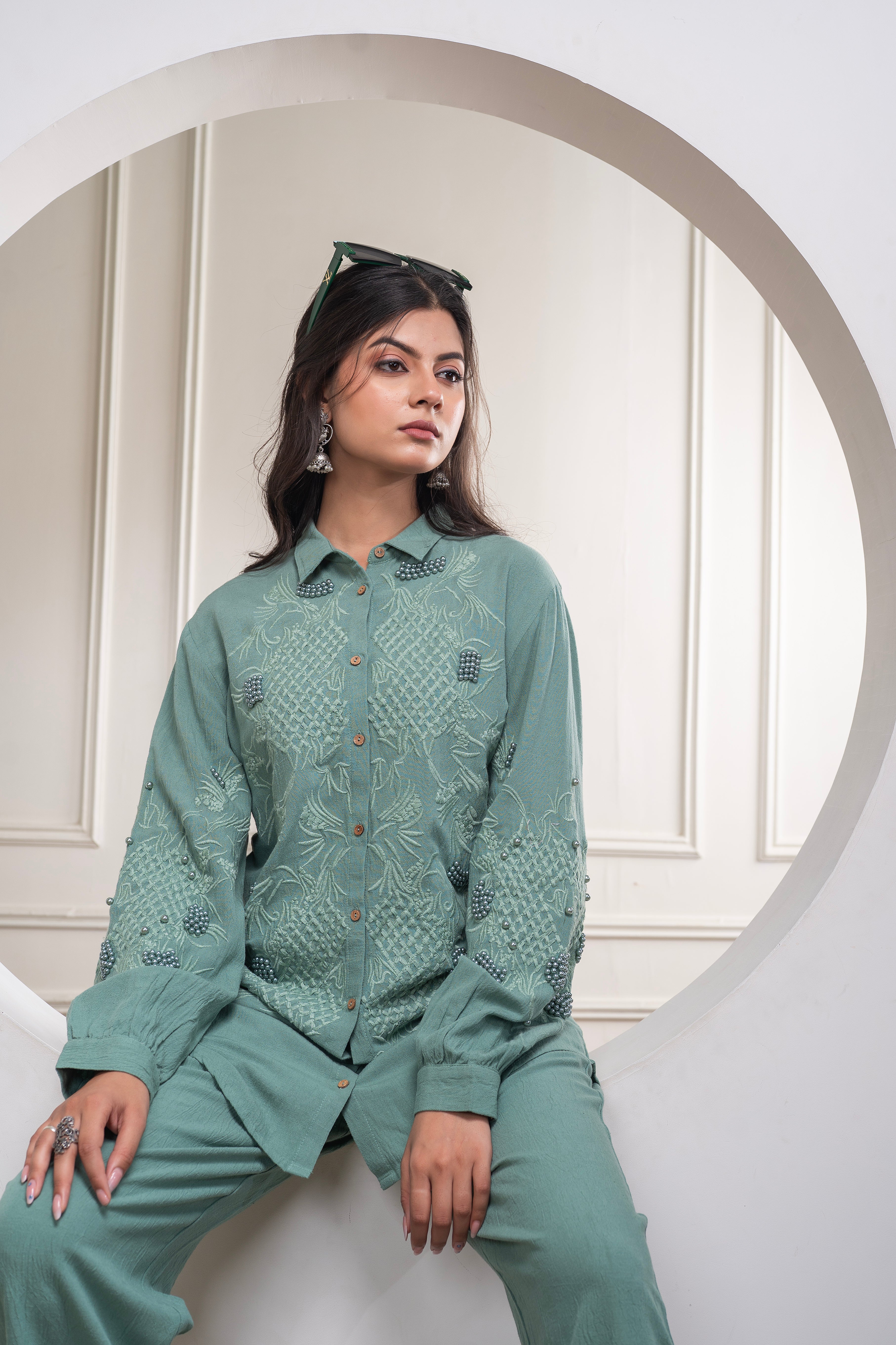 Sage Green Embellished Viscose Co-ord Set with Bead Details