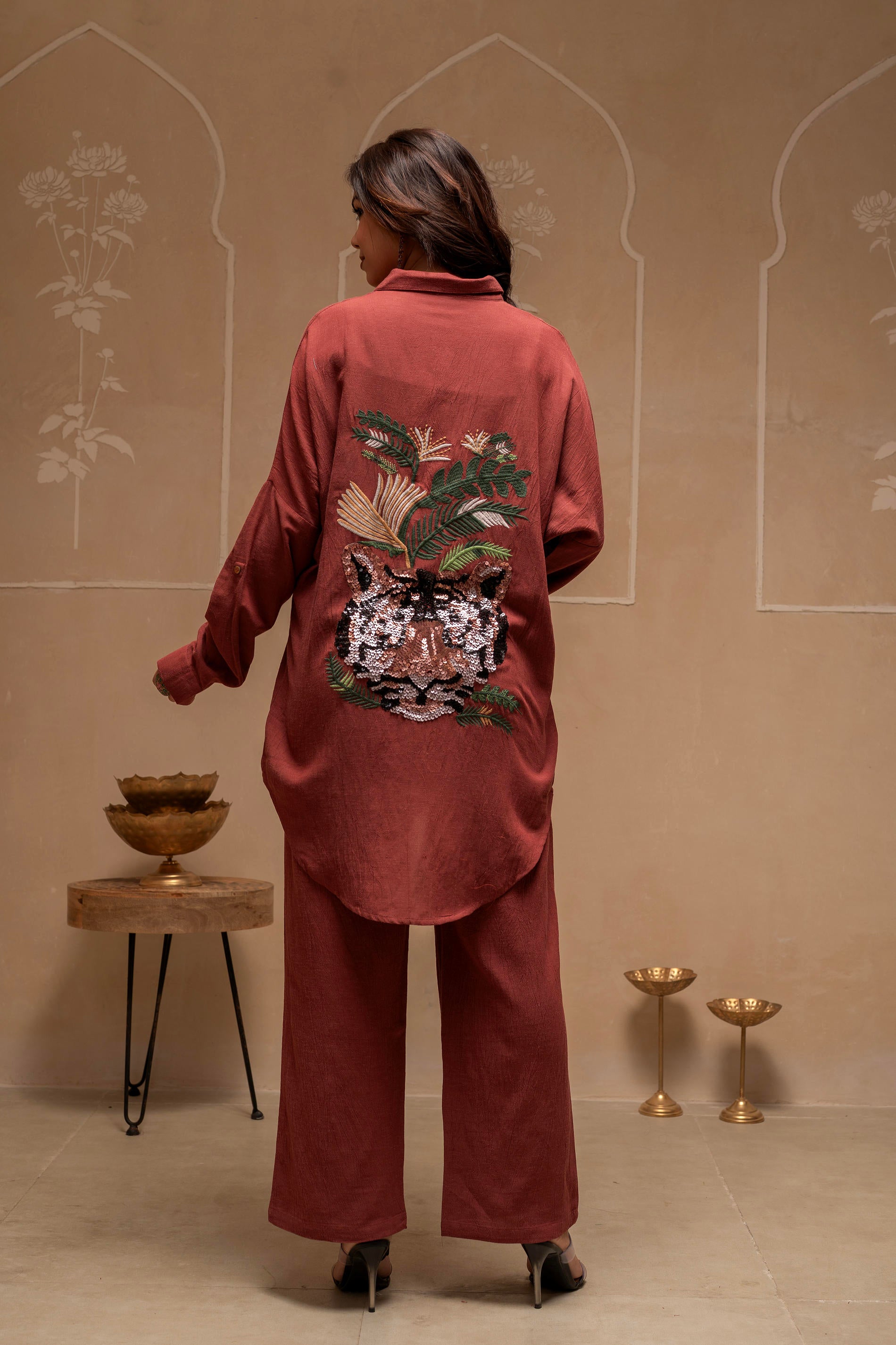 Brown Embellished Viscose-Linen Co-ord Set with Sequin Detailing