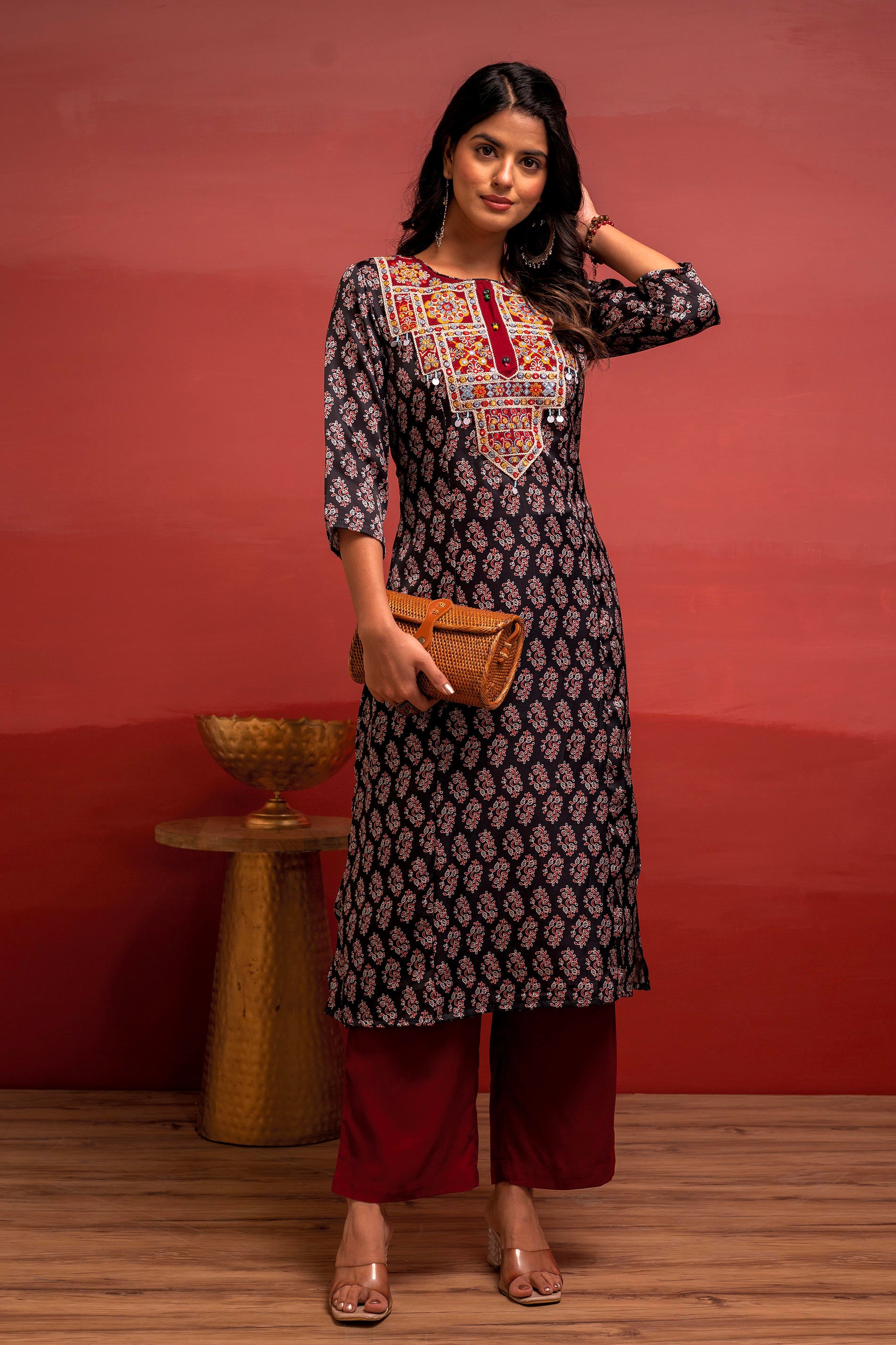 Black Floral Poly Kurta and Pants Set with Mirror, Thread Work and tassels Detail