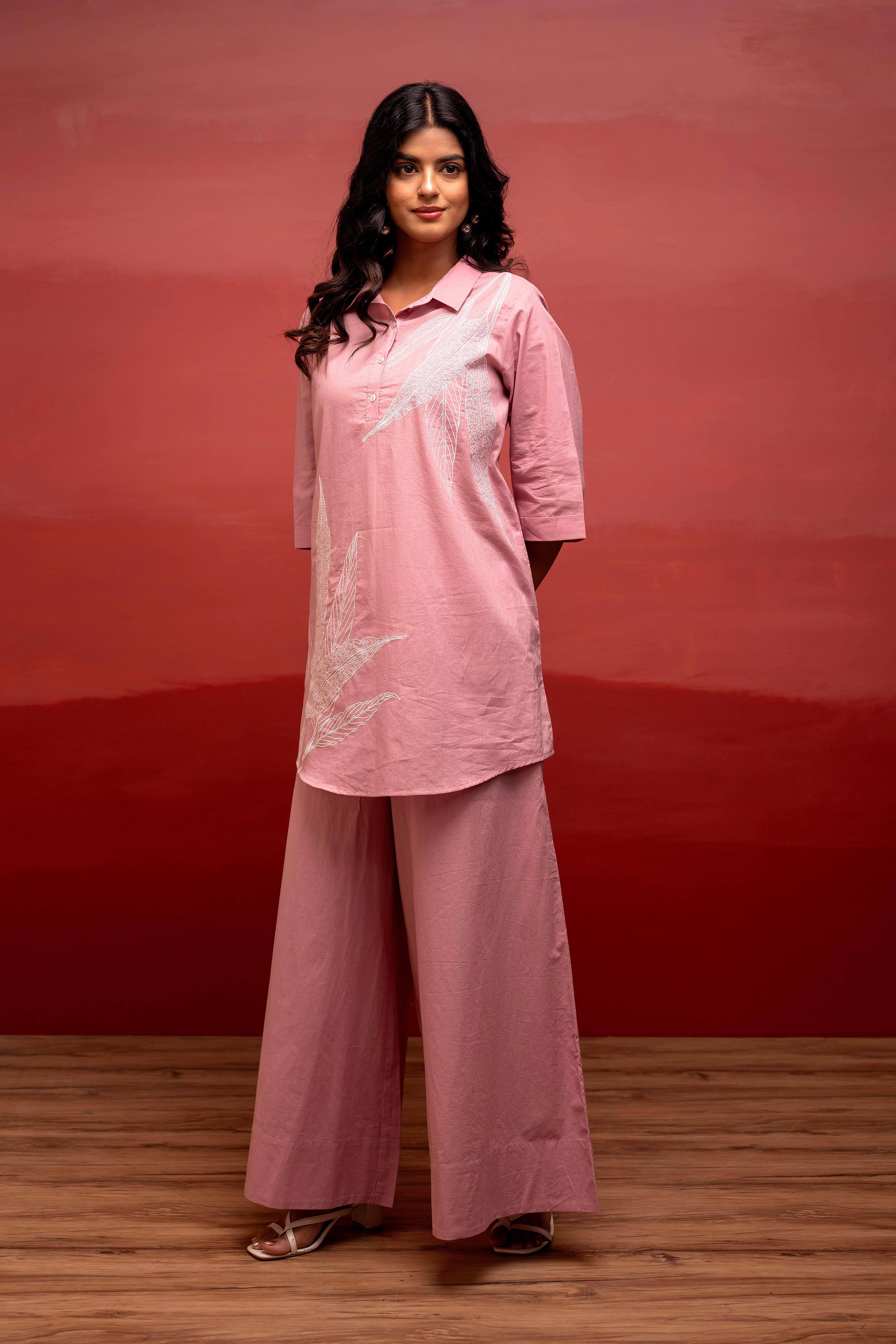 Onionpink Solid Cotton Shirt and Pants Co-ord Set with Thread Work