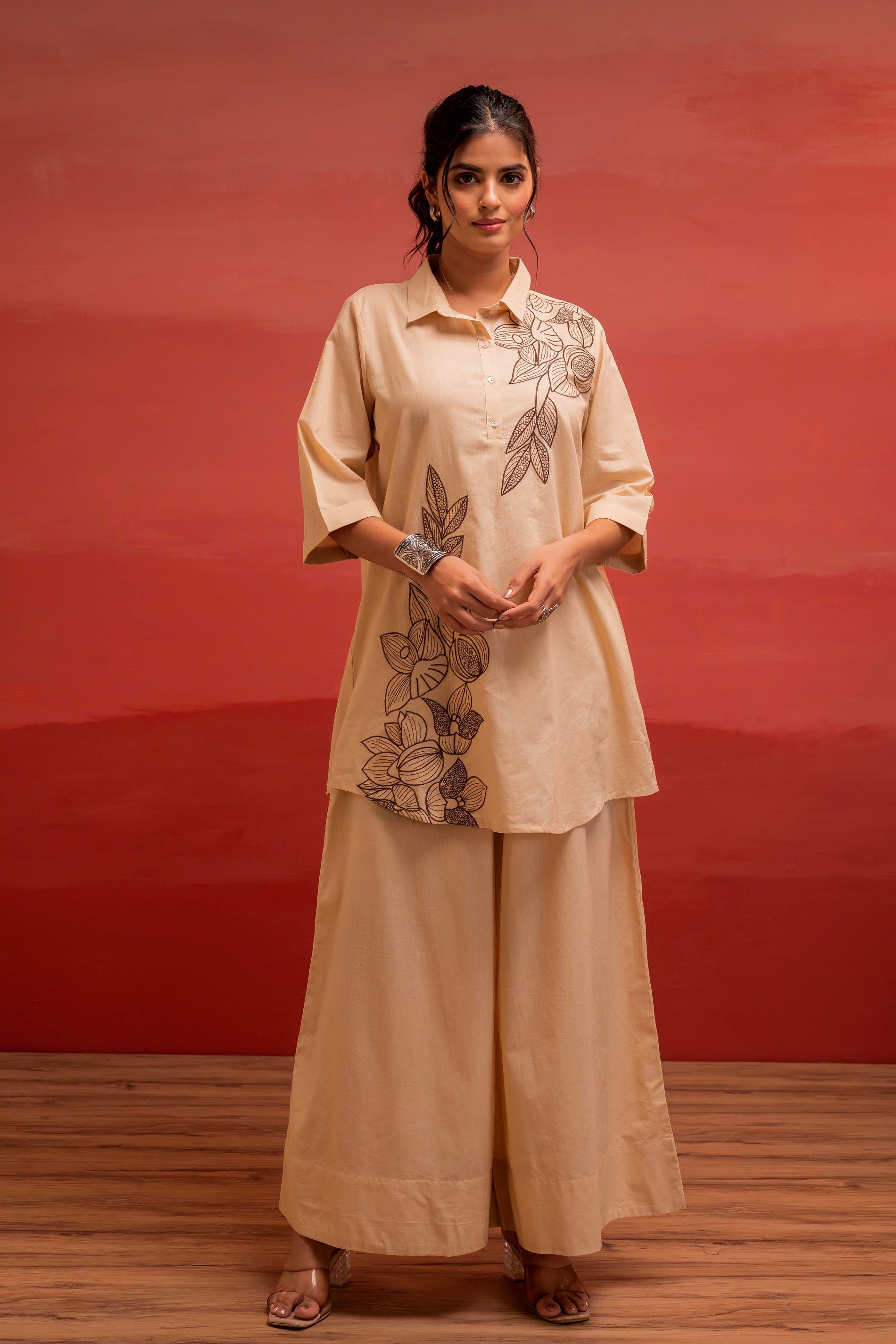 Beige Solid Cotton Shirt and Pants Co-ord Set with Thread Work
