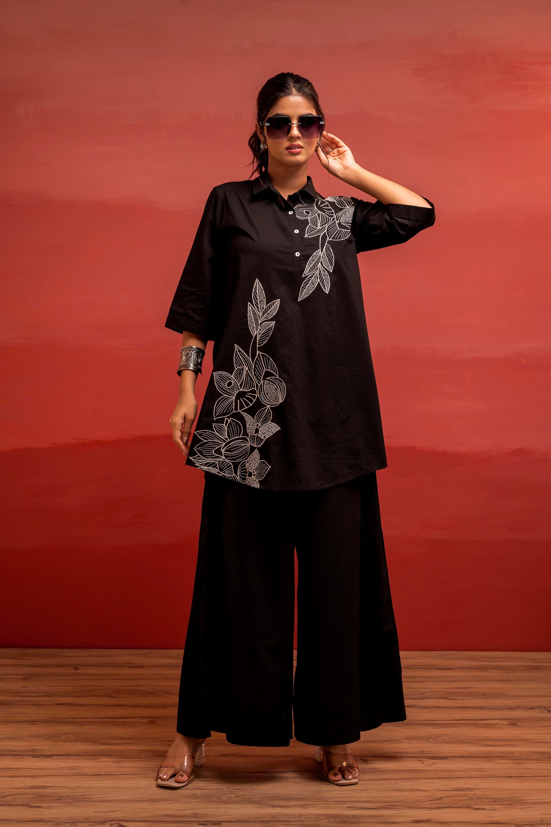 Black Solid Cotton Shirt and Pants Co-ord Set with Thread Work