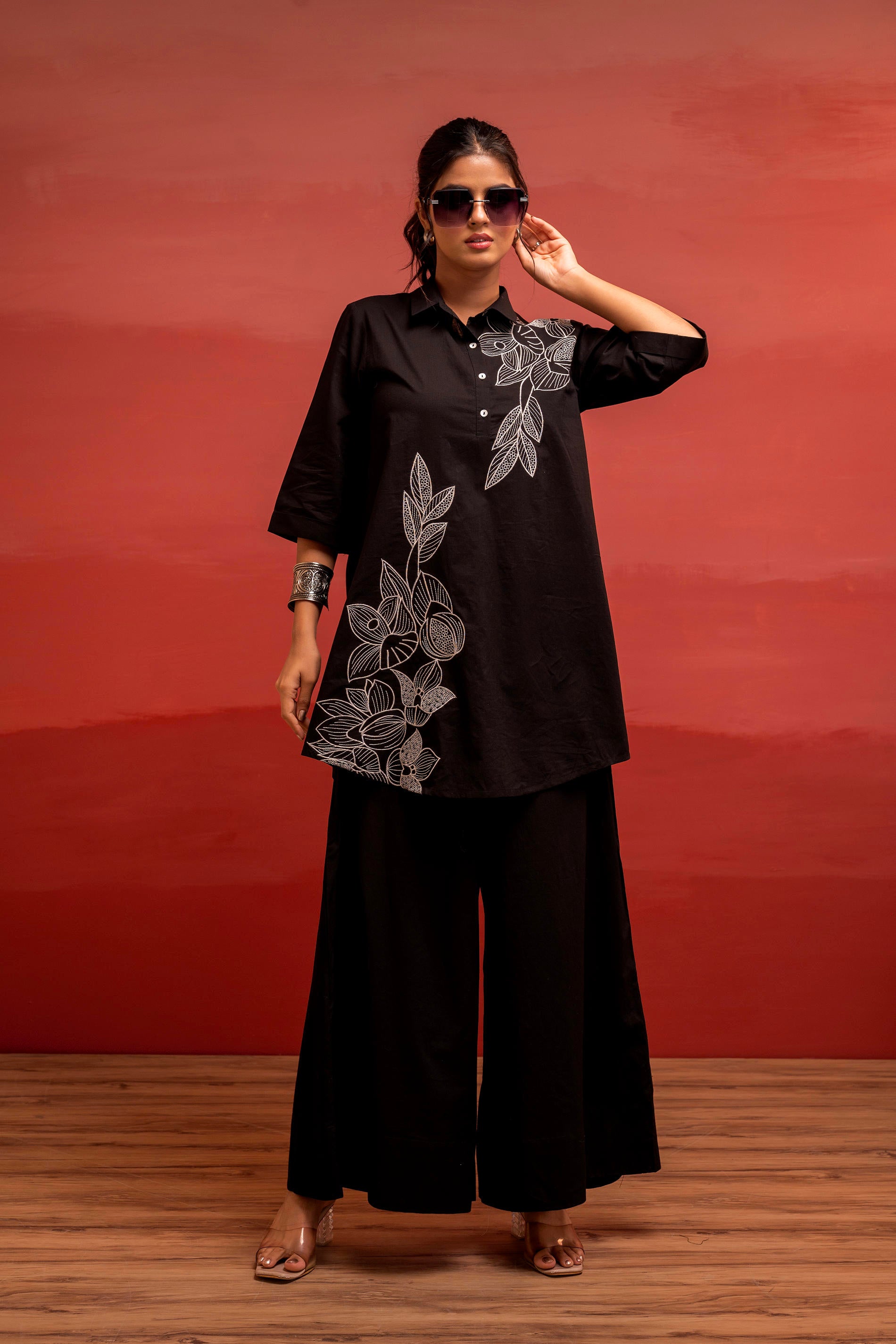 Black Solid Cotton Shirt and Pants Co-ord Set with Thread Work