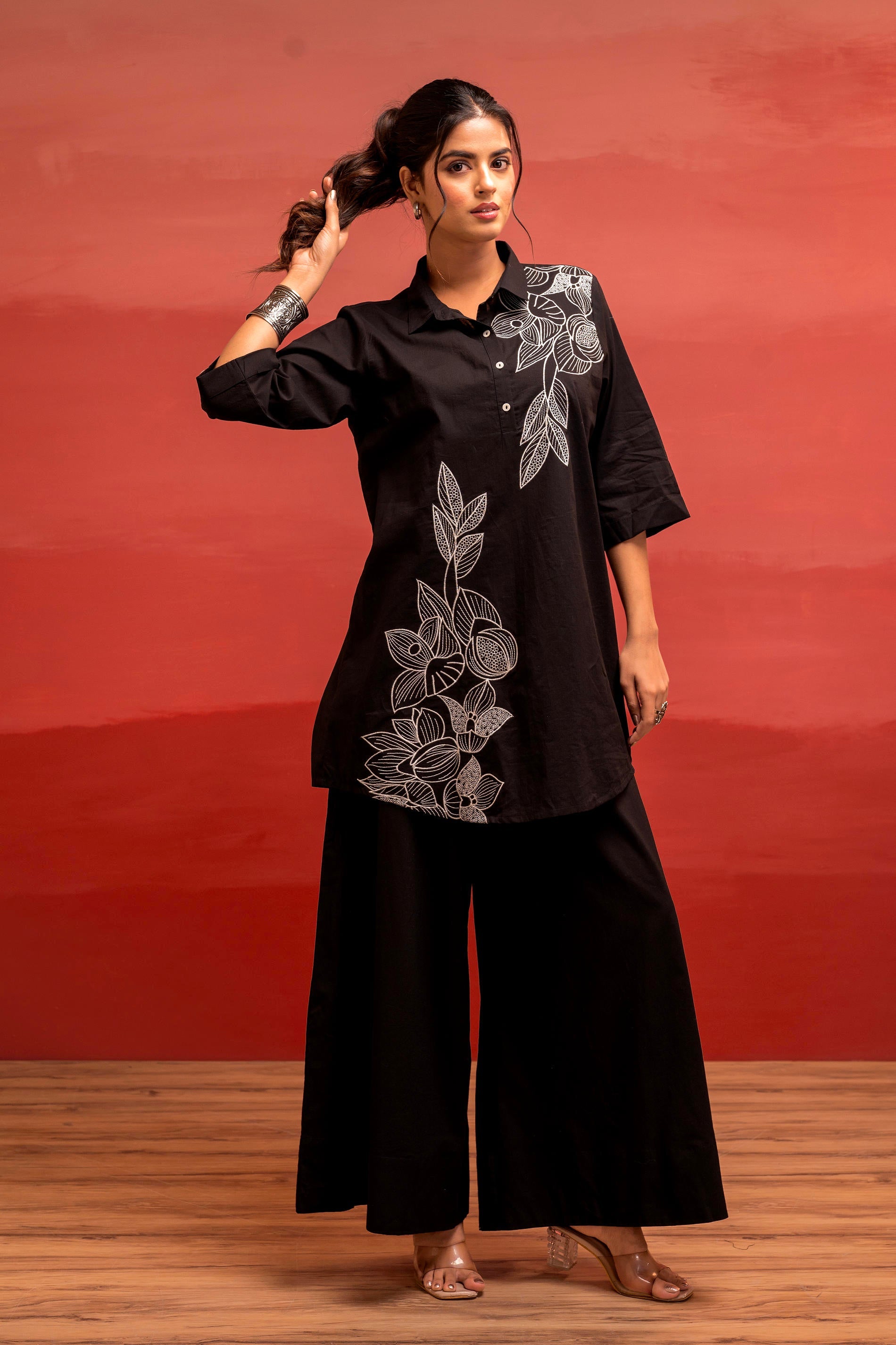 Black Solid Cotton Shirt and Pants Co-ord Set with Thread Work