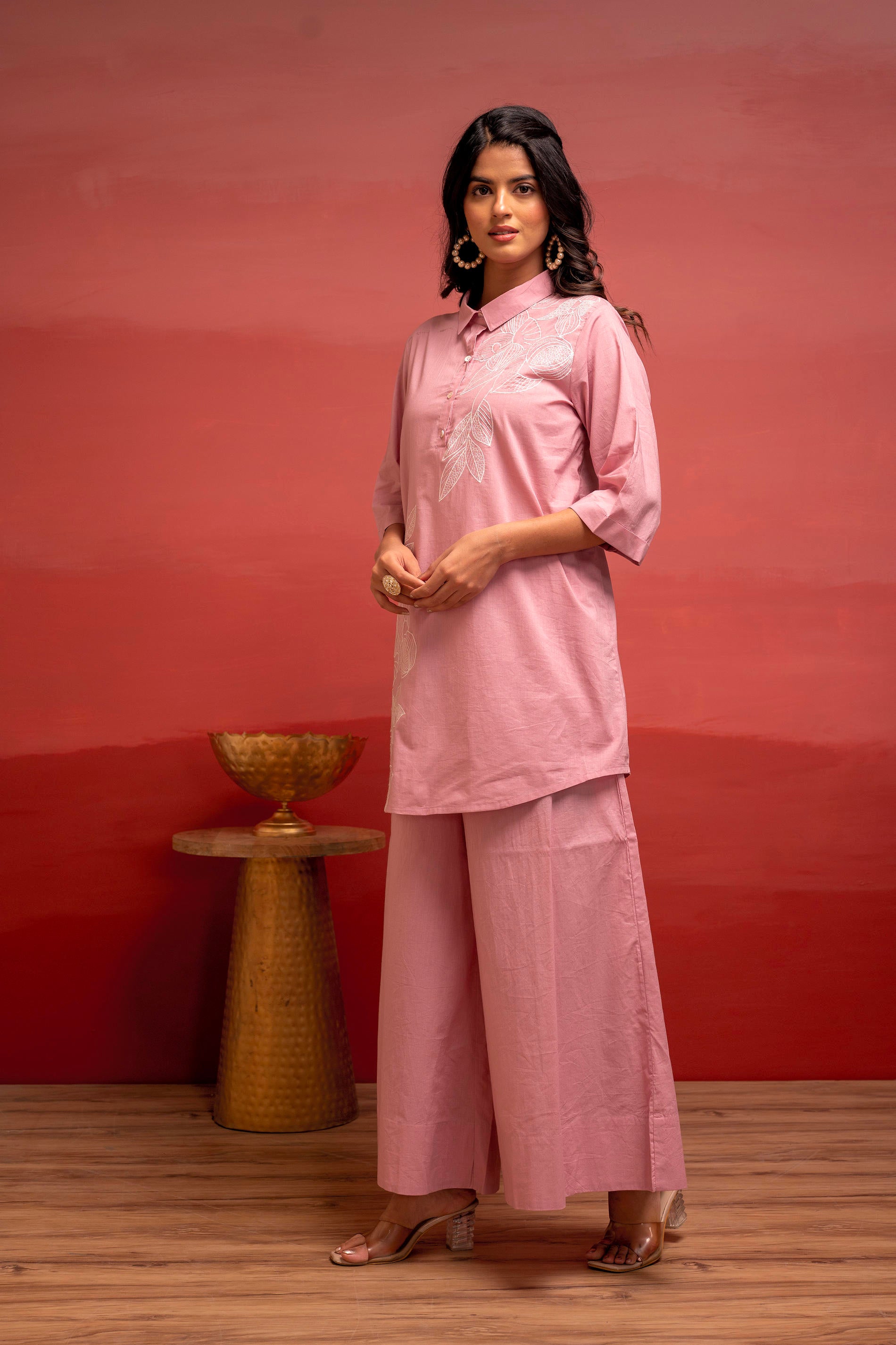 Onionpink Solid Cotton Shirt and Pants Co-ord Set with Thread Work