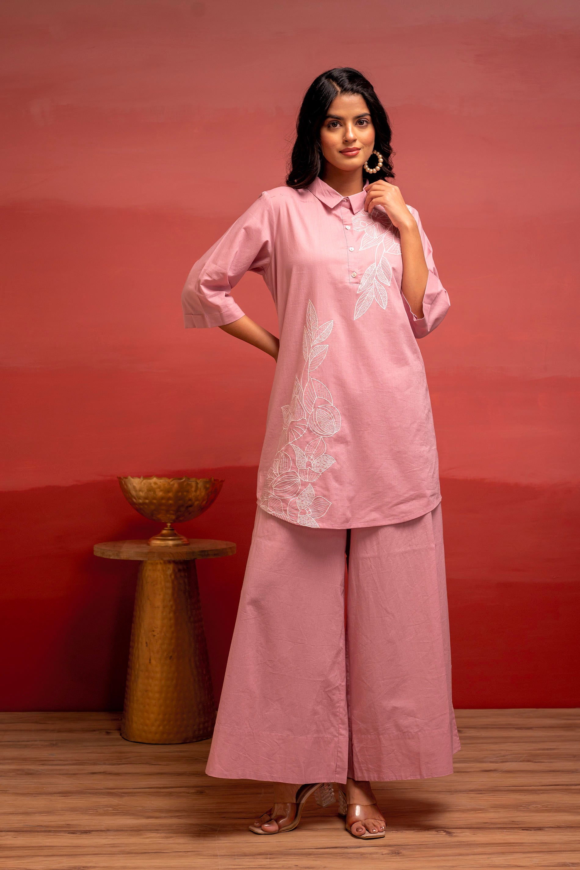 Onionpink Solid Cotton Shirt and Pants Co-ord Set with Thread Work