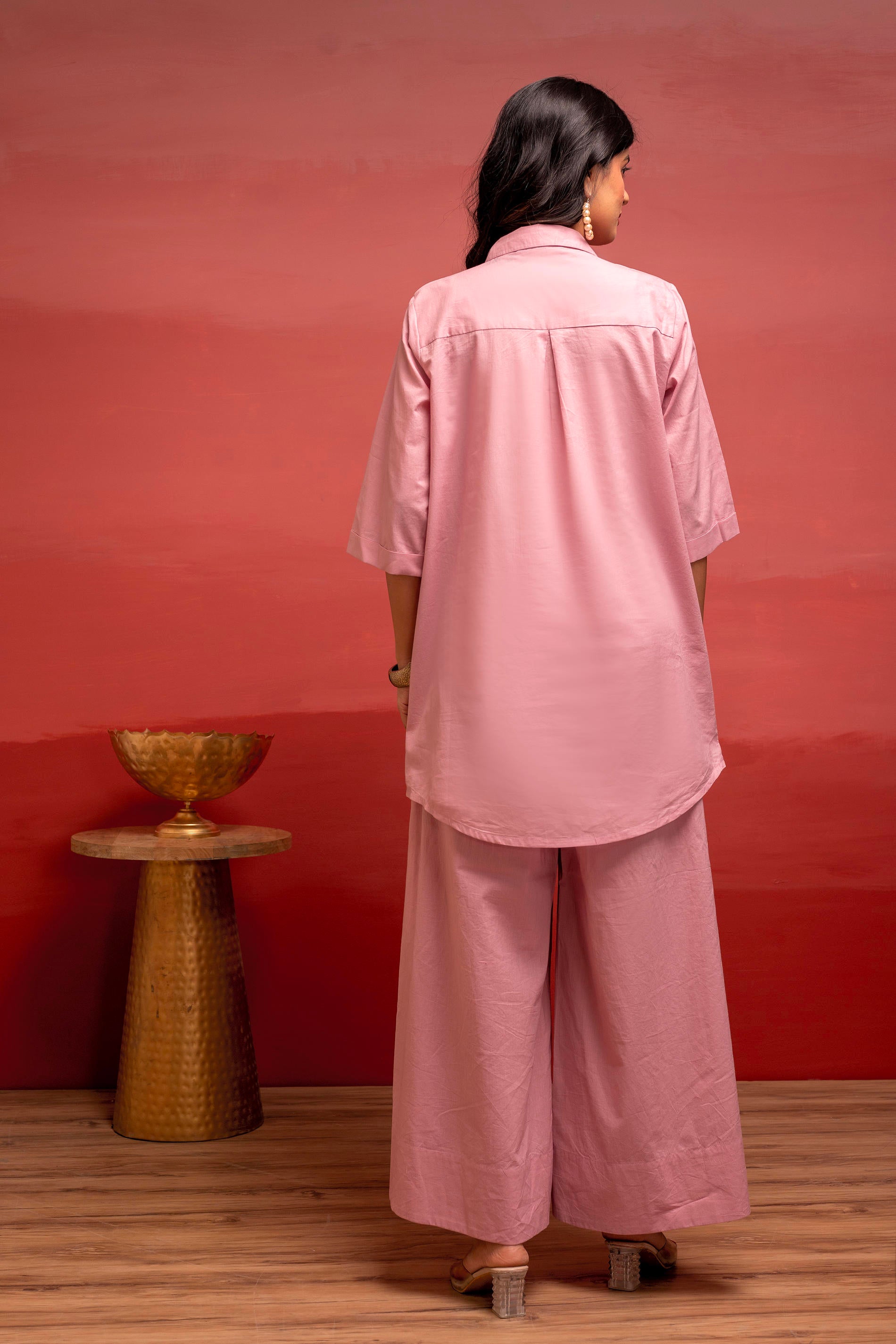 Onionpink Solid Cotton Shirt and Pants Co-ord Set with Thread Work