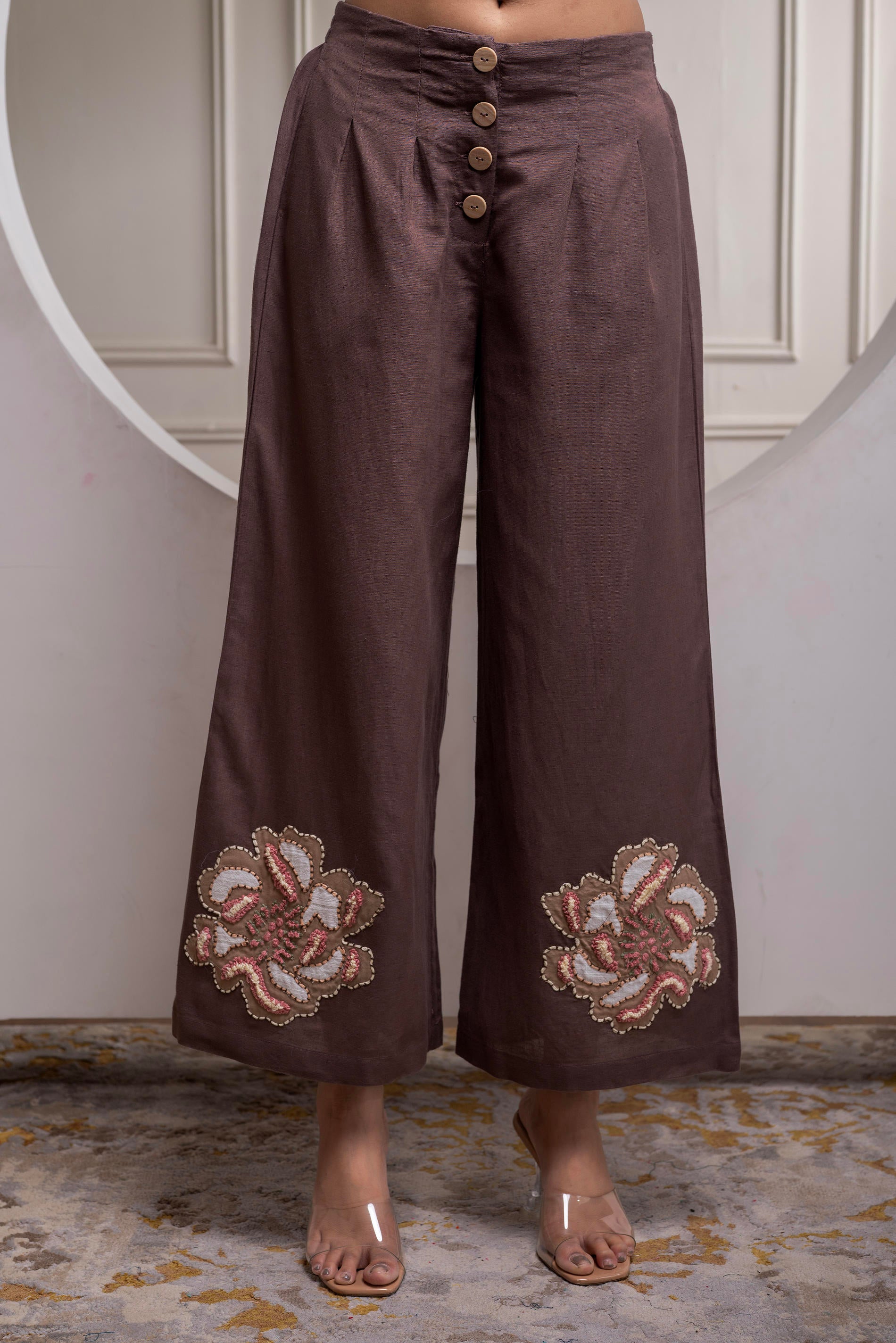 White & Brown Cotton-Viscose Embroidered Co-ord Set with Thread Work & Lace