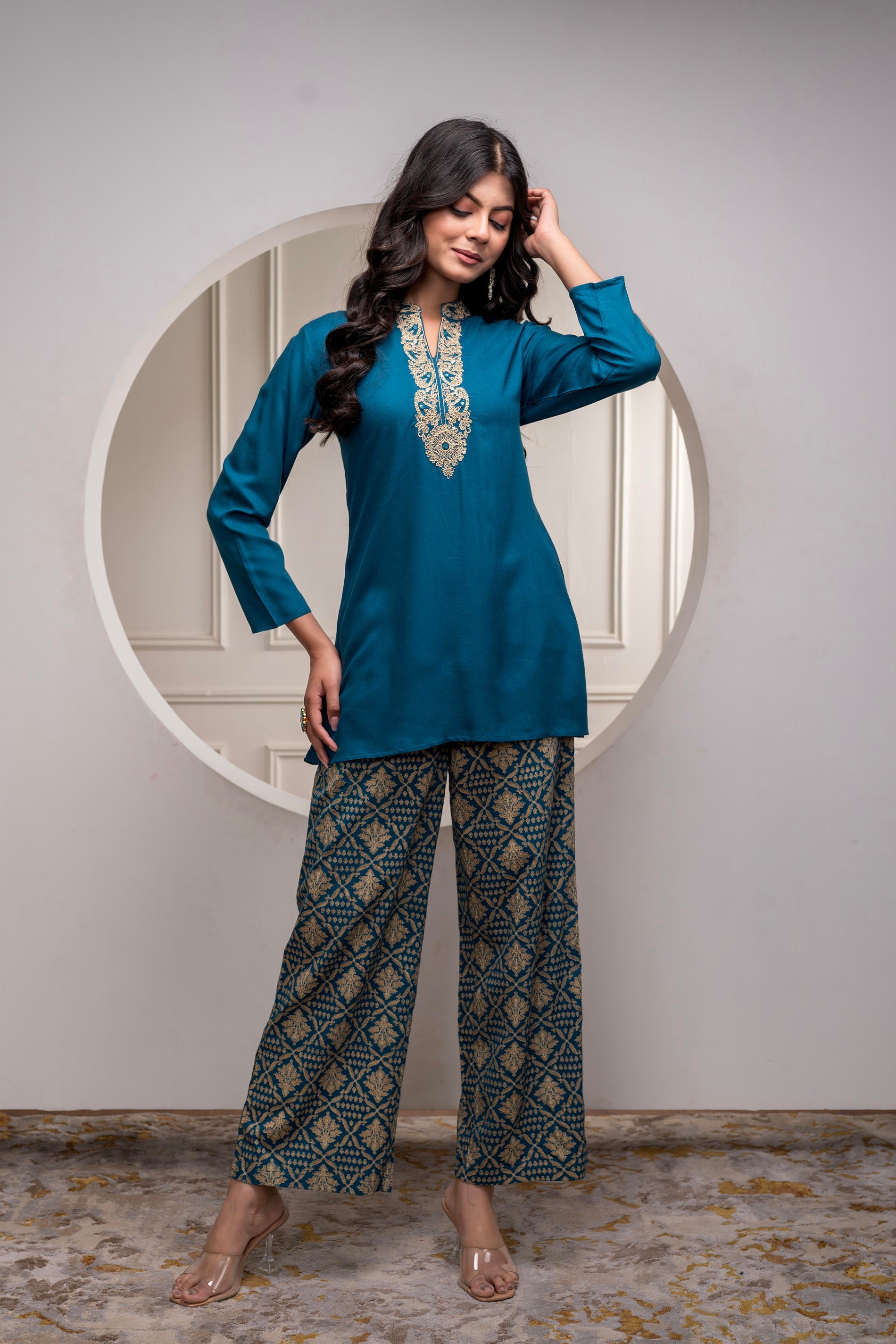 Viscose Teal Embroidered Kurta Pant Set with Zari & Mirror Work