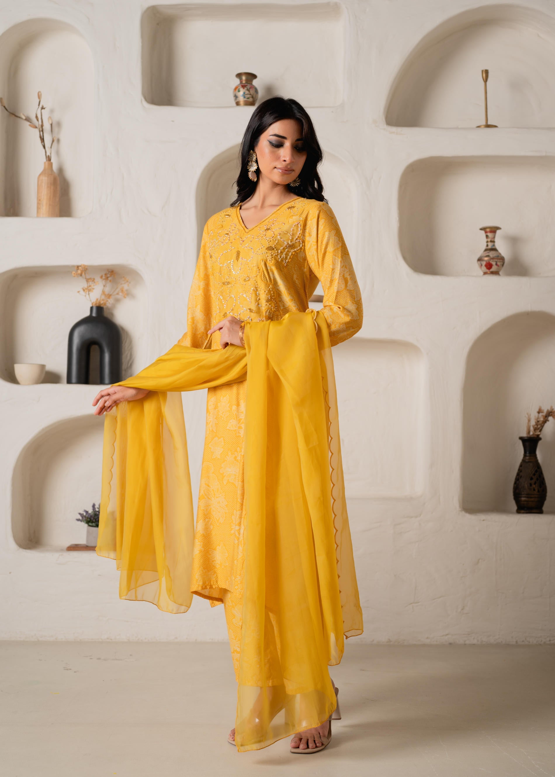 Mustard Floral Embellished A-Line Kurta Pant and Dupatta Set with Beads & Sequence Work