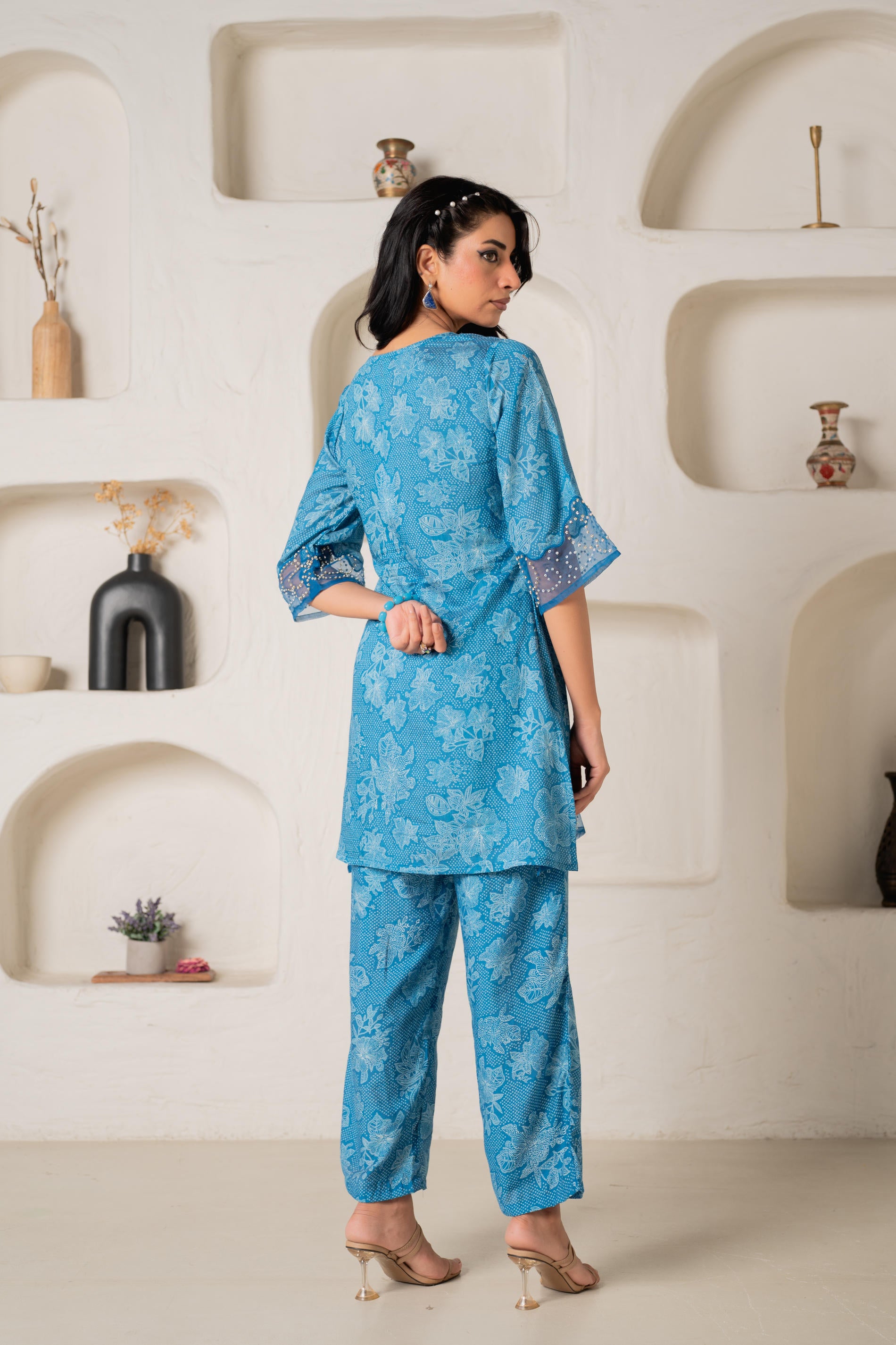 Blue Floral Embellished A-Line Kurta Pant and Dupatta Set with Beads & Sequence Work
